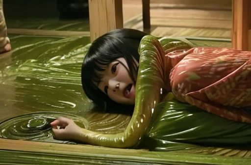 best quality, hd, masterpiece, hyper realistic, super detailed, extreme realism, (photo realistic: 1.5), (21-year-old Asian woman: 1.9), beautiful face, delicate eyes, cleavage, (wet slime dripping down head: 1.7), (wet slime dripping: 1.2), 1 woman, , (green slime pouring down from above: 1.5), falling green oatmeal splash,