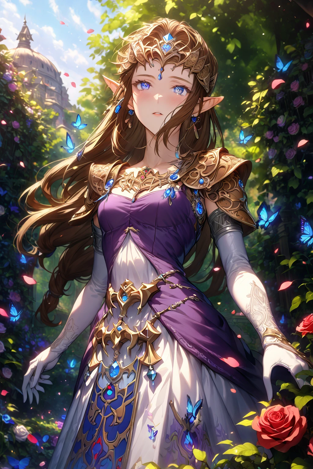 absurdres, highres, ultra detailed, HDR, master piece, Zelda, brown hair, expressive blue eyes, woman, best quality, The Legend Of Zelda (Twilight Princess), solo, sensual, extremely beautiful, petals, white and purple dress, white long gloves, detailed face, glittering eyes, detailed eyes, garden, accessories, blue butterflies, roses