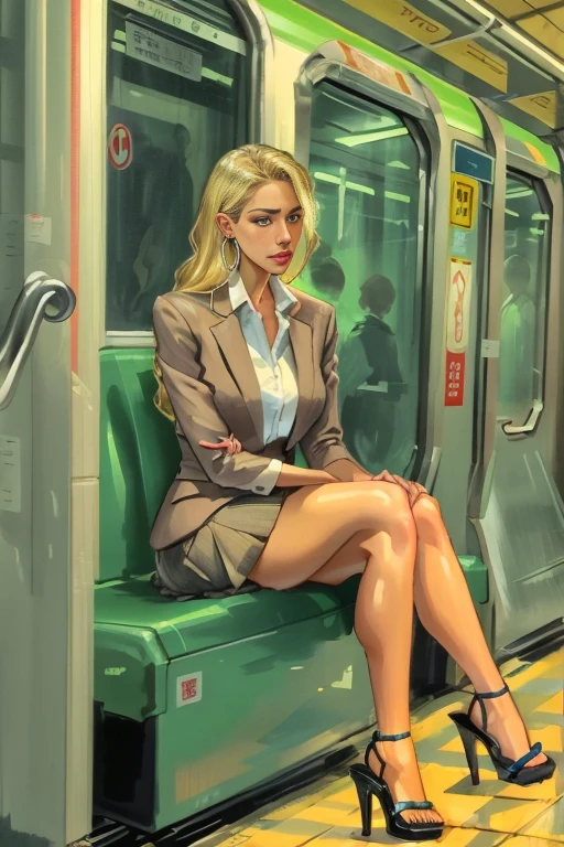 Brazilian, ganguro girl, beatiful face, correct face, muscular legs, muscular calves, Strong legs, muscular hips, wide thighs, Curvy hips, A full body shot, high-heeled sandals, tights in a net, Stiletto heels, Women's business suit with a short skirt, large ring earrings, He really wants to pee, rides the subway, Sits, Coming soon, wants to pee, desperately wants to pee, wants to urinate, An expression of shame on his face, confusion, Desperation on the face, crying, pinches the crotch with his hand, crumples the hem of the skirt with his hands, Knees clenched together, Tense posture, bites his lower lip, full bladder, terribly wants to go to the toilet, anatomically correct, Realistic,