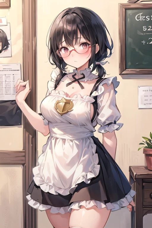 score_9, score_8_up, score_7_up, source_anime, 1girl, black hair, brown eyes, medium hair, cat ears, large breasts, eyeglasses, micro bikini maid, headdress, blouse, skirt, apron, areola, light smile, private room, mansion,