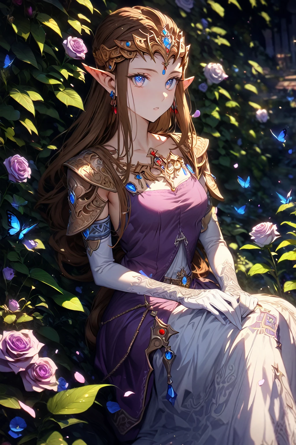 absurdres, highres, ultra detailed, HDR, master piece, Zelda, brown hair, expressive blue eyes, woman sitting, best quality, The Legend Of Zelda (Twilight Princess), solo, sensual, extremely beautiful, petals, white and purple dress, white long gloves, detailed face, glittering eyes, detailed eyes, garden, accessories, blue butterflies, roses