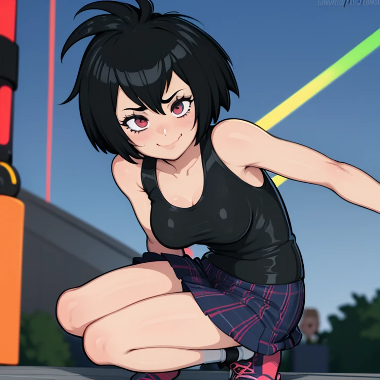 GameGirl , (black bob haircut) with pink streak highlights, 80's anime style, (flat chest), thighs, hips, small waist, park bench, biker shorts, cloudy day, weak wilted plants, cracks in sidewalk, butterflies and daisies, sunlight shining on character, ass