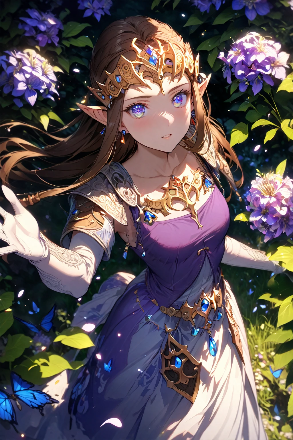 absurdres, highres, ultra detailed, HDR, master piece, Zelda, brown hair, expressive blue eyes, woman, best quality, The Legend Of Zelda (Twilight Princess), solo, sensual, extremely beautiful, petals, white and purple dress, white long gloves, detailed face, glittering eyes, detailed eyes, garden, accessories, blue butterflies, flowers