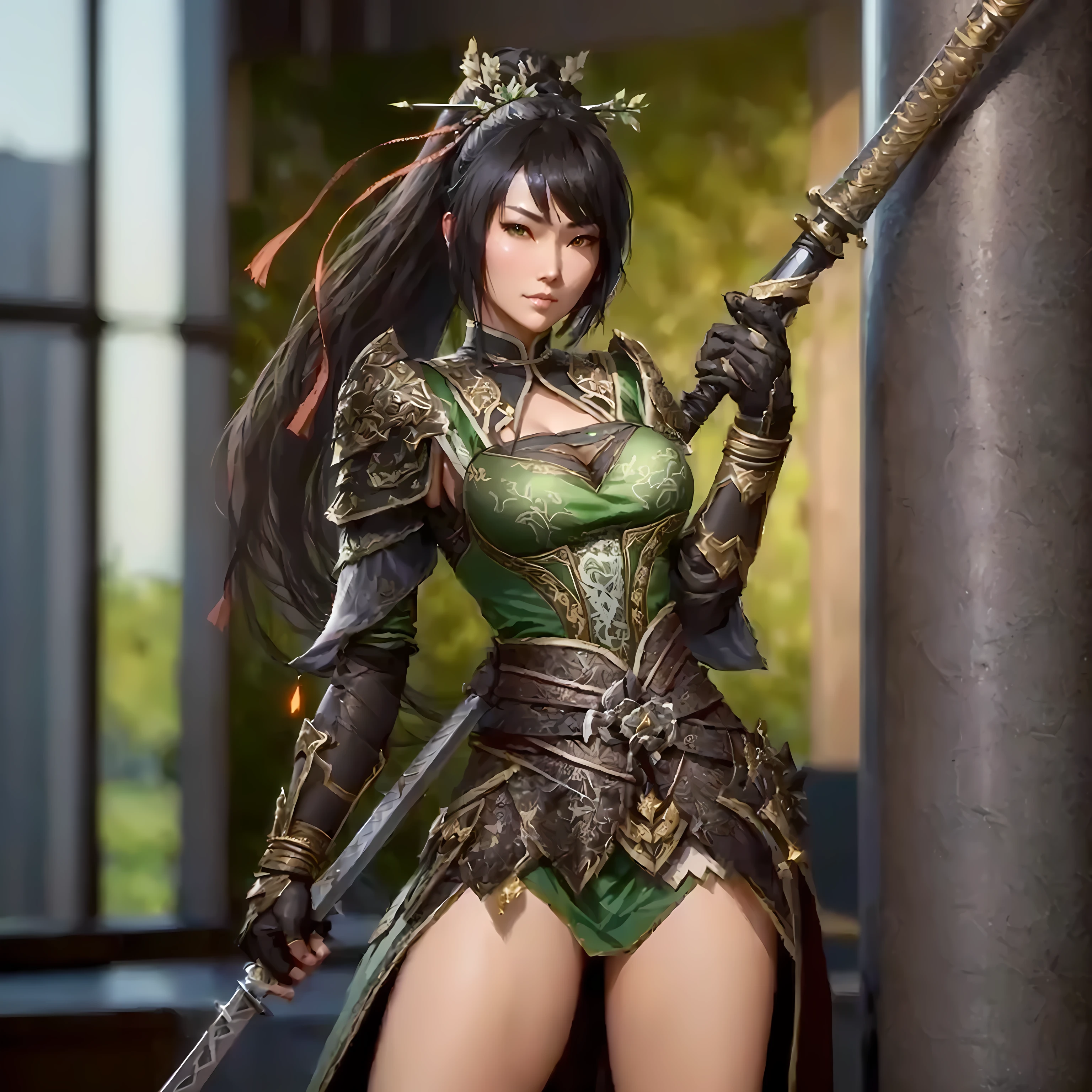 Wearing a green dress、Arav woman holding sword and pole, Pan Chengwei on artstation, 3D Rendering Character Art 8k, Ruan Jia and Artgerm, author：The J, Game CG, 2. 5D CGI anime fantasy art, Inspired by trees, Katana Zero video game character busty big breasts cleavage