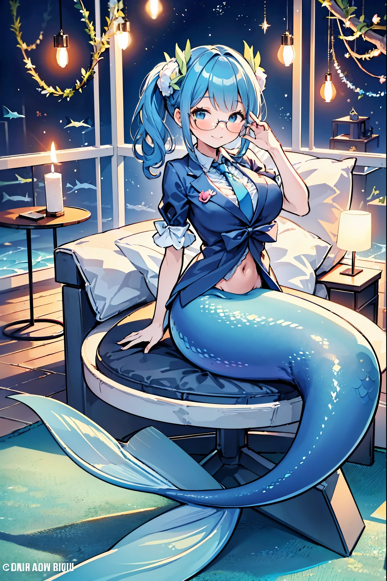 (masterpiece,Best quality),(Full fingers),A woman,Mermaid,Glasses,business attire,Large Breasts,藍色的Mermaid尾巴,Full body photo,(Underwater:1.2),charming脸(Kawaii, charming,Soft),Smile,Sitting