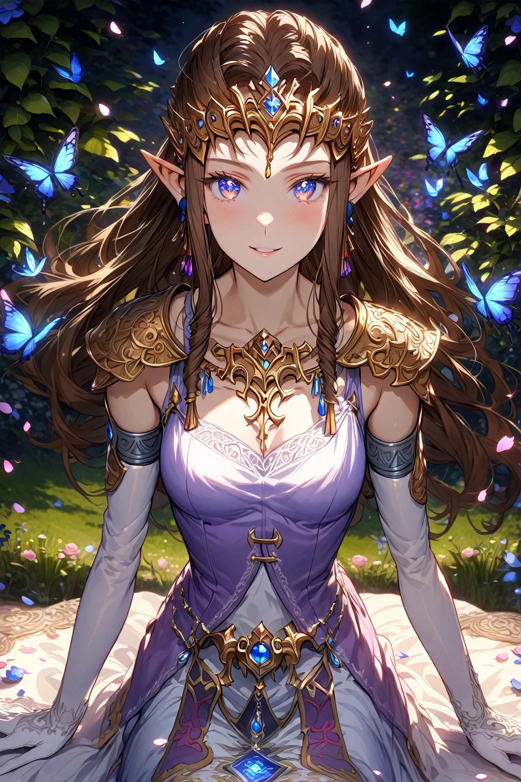 absurdres, highres, ultra detailed, HDR, master piece, Zelda, brown hair, expressive blue eyes, woman sitting, best quality, The Legend Of Zelda (Twilight Princess), solo, sensual, extremely beautiful, petals, white and purple dress, white long gloves, detailed face, glittering eyes, detailed eyes, garden, accessories, blue butterflies, beautiful smile, roses