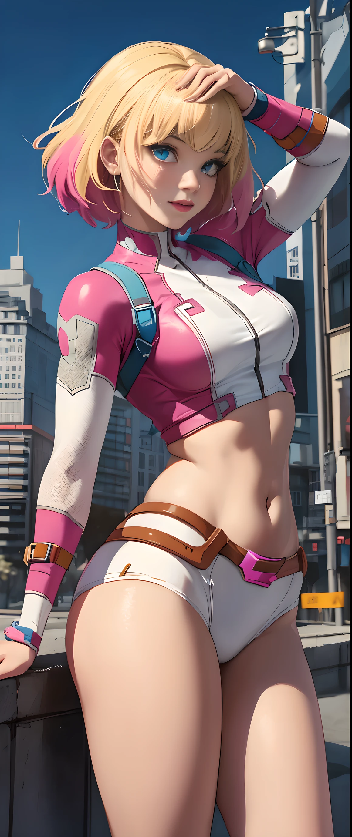 (Highly quality, masterpiece, detailed, detailed eyes), city detailed scenario, city detailed background, solo, gwenpool, blonde hair, multi colored hair, 1woman, crop top, two-tone, navel, happy, perfect face, beautiful eyes, look at the viewer, Sexy pose