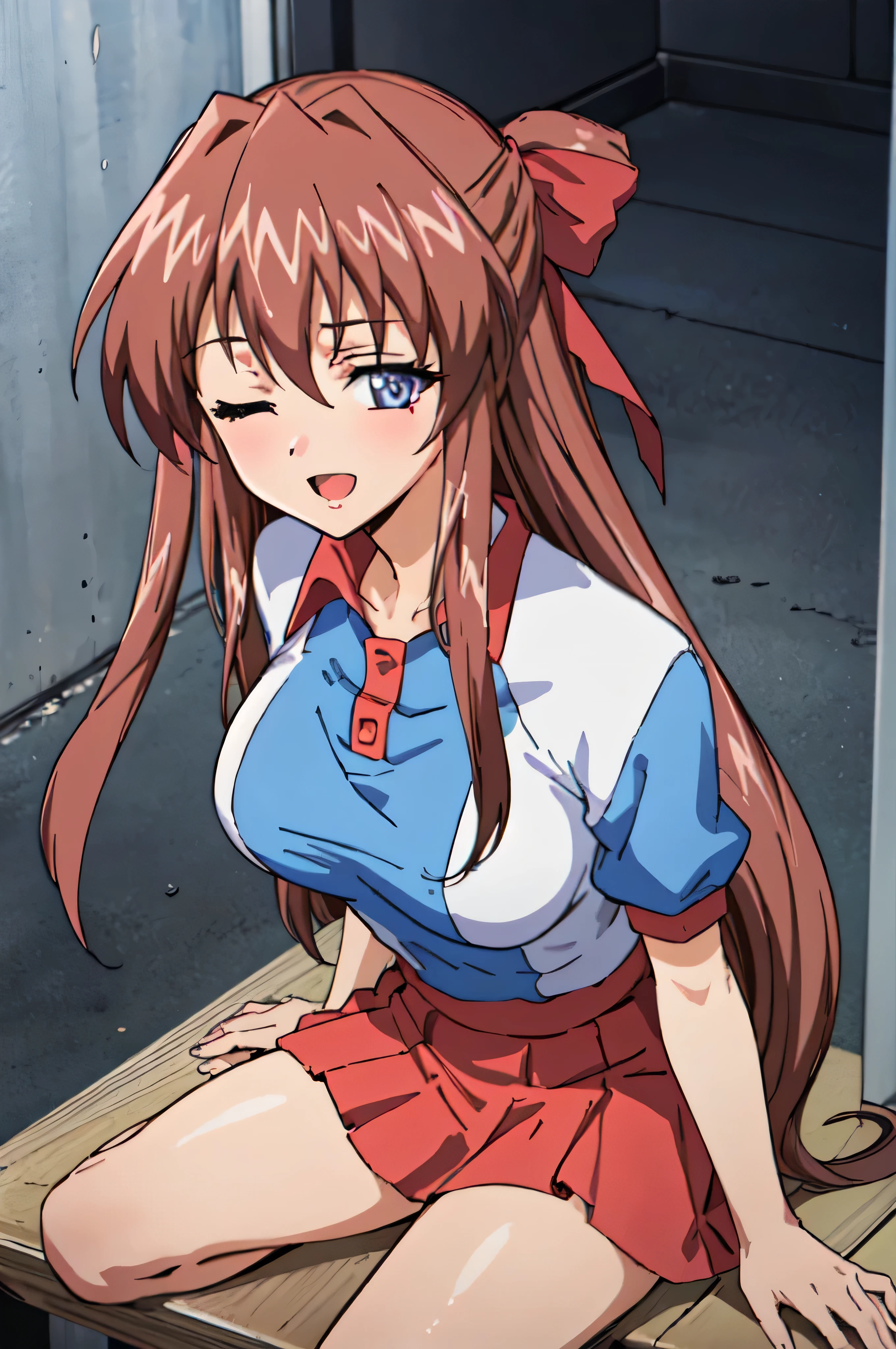 Anime illustration Aoikan, 1 person, Hair Ribbon, High Leg Leopard,Big Breasts、 blush, Cute Smile Spread your legs Squat, I can see her panties Skirt Lift, High Knee Socks Two Arms