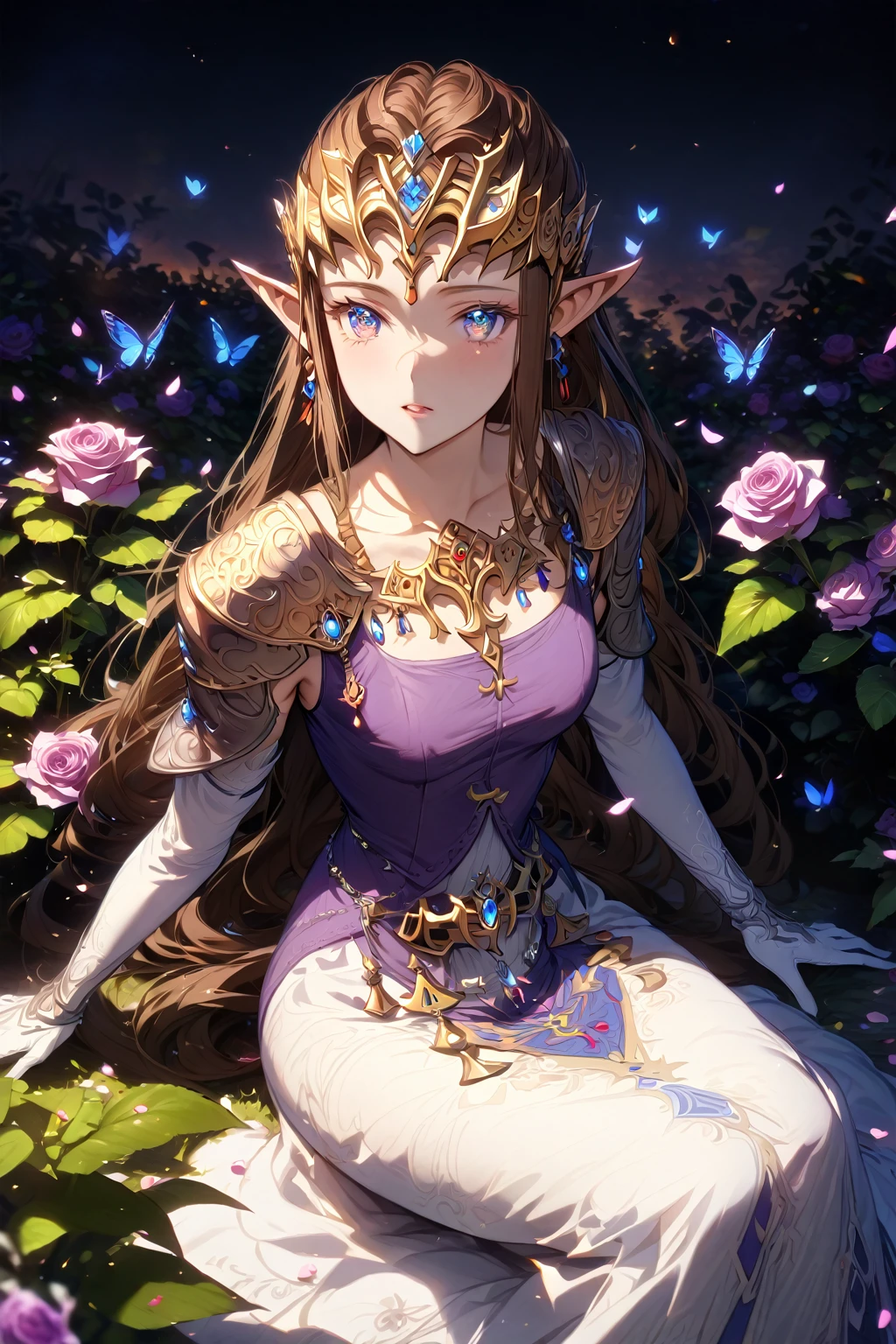 absurdres, highres, ultra detailed, HDR, master piece, Zelda, brown hair, expressive blue eyes, woman sitting, best quality, The Legend Of Zelda (Twilight Princess), solo, sensual, extremely beautiful, petals, white and purple dress, white long gloves, detailed face, glittering eyes, detailed eyes, garden, accessories, blue butterflies, roses