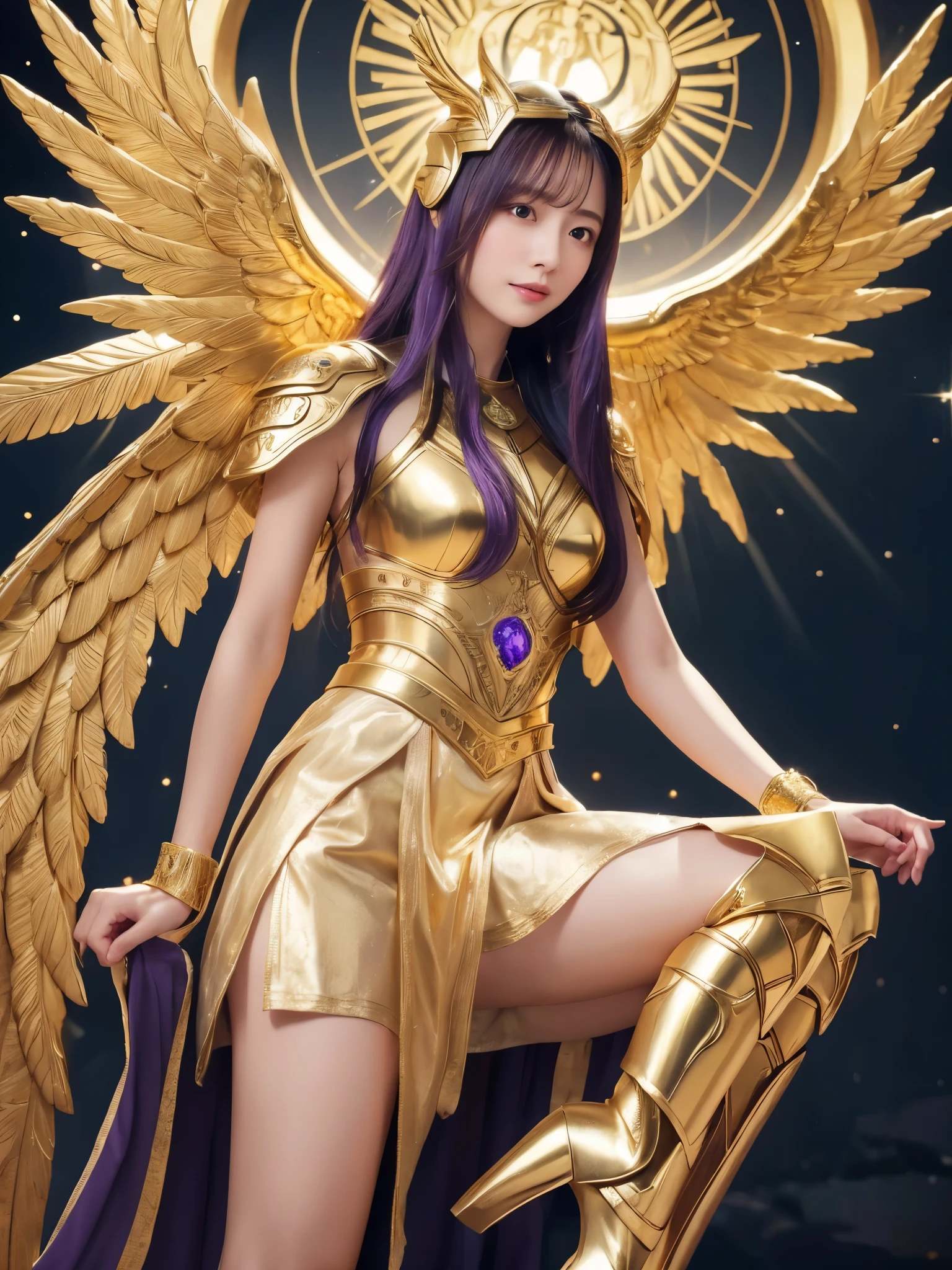 Miss Saori（Athena）The image is full of majesty and holiness。She has long smooth purple hair，The helmet she wears is characterized by the central half-moon decorative edge with exquisite golden carvings. The silver metal surface of the helmet is as smooth as a mirror. The slightly extended curves on both sides are elegant and full of power.,The forehead of the helmet is engraved with delicate ancient Greek-style totems. The gold-plated details on the edges sparkle in the light and fit perfectly with the overall armor.。She wears mainly silver armor with purple and gold decorations，胸甲刻有Athena的神聖圖騰，The long skirt is white and has gold embroidery on the edge.，Leg armor integrated with silver boots，The overall armor is beautifully designed。 She holds a golden scepter. The top of the scepter is a crescent-shaped symbol inlaid with luminous gems, symbolizing divine power.。The round shield is mainly silver, with a star pattern engraved in the center and geometric patterns and moon symbols around it to represent the power of protection.。The huge golden wings spread out behind her and the inner feathers have a purple gradient, symbolizing wisdom and holiness.。 She stands in front of the background of the Zodiac in Saint Seiya，Surrounded by tall golden pillars and mysterious horoscope symbols，The entire scene is shrouded in soft golden light，light from her wings、Reflected on scepter and shield，Highlight her holiness and majesty。
