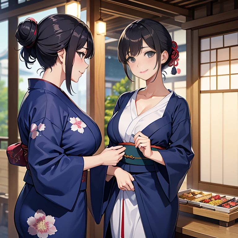 masterpiece , the best quality , 8k resolution, Intricate details , highly detailed , professional manufacturing , hight contrast , cinematic lighting , detailed back ground , vibrant , Twins , red hair , full body , Milf , gold yukata , Big breasts , huge tits , glasses , Pearl necklace , sexy