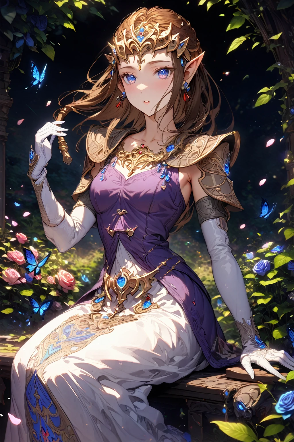 absurdres, highres, ultra detailed, HDR, master piece, Zelda, brown hair, expressive blue eyes, woman sitting, best quality, The Legend Of Zelda (Twilight Princess), solo, sensual, extremely beautiful, petals, white and purple dress, white long gloves, detailed face, glittering eyes, detailed eyes, garden, accessories, blue butterflies, roses