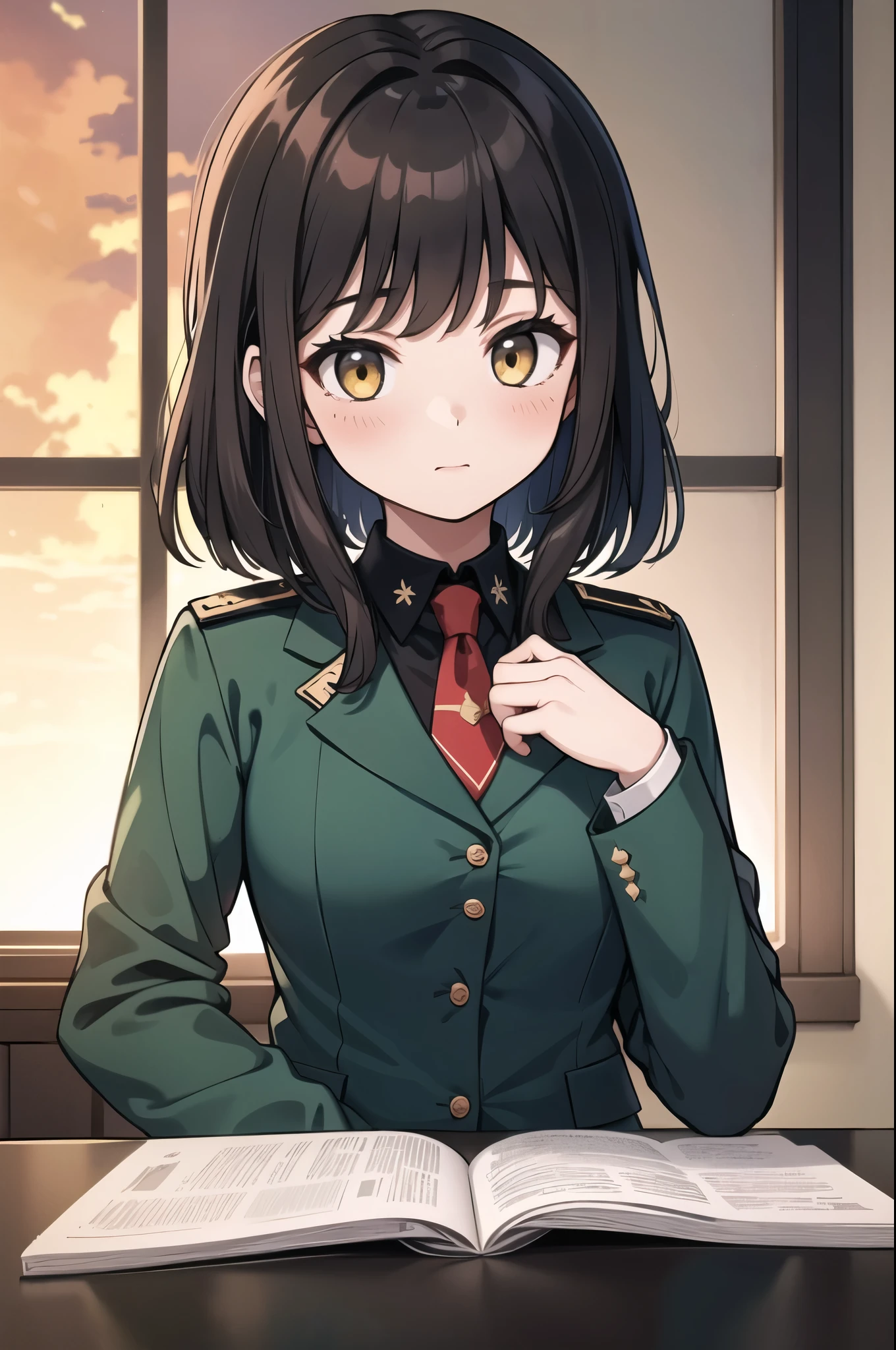portrait, (solo, 1girl), day time, flat chest, (Black eyes), medium hair,(Green hair) curly hair, (Light Red military uniform), bedroom background, best quality, 1girl, cat tail, cat ears, smirk, open mouth, (anime, waifu, new, newest:1.2), (exceptional, best aesthetic, new, newest, best quality, masterpiece, extremely detailed, anime, waifu:1.2), anime style, anime, cinematic, film still