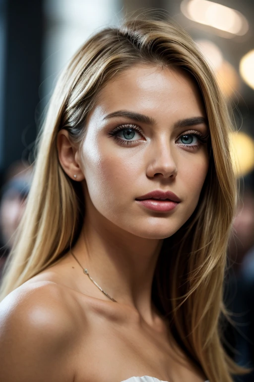 Female sexy、platinum blonde hair, light brown hair, streaked hair, blonde highlights hair, ponytail hair, dark tanned skin, crystal blue eyes, black cotton minidress、looking at the camera, night sky, neon city lights