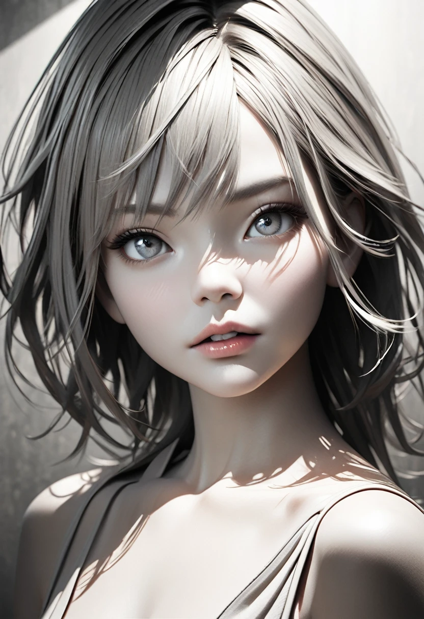 monochrome, pencil art, cool beauty, bored look and gestures, attractive eyes, sexy lips, portrait, BREAK delicate dynamic texture, light and shadow contrast, 3D rendering, artistic photography, ultra-realistic, digital graphic CG, BREAK ultra-detailed, absolute resolution, highest quality