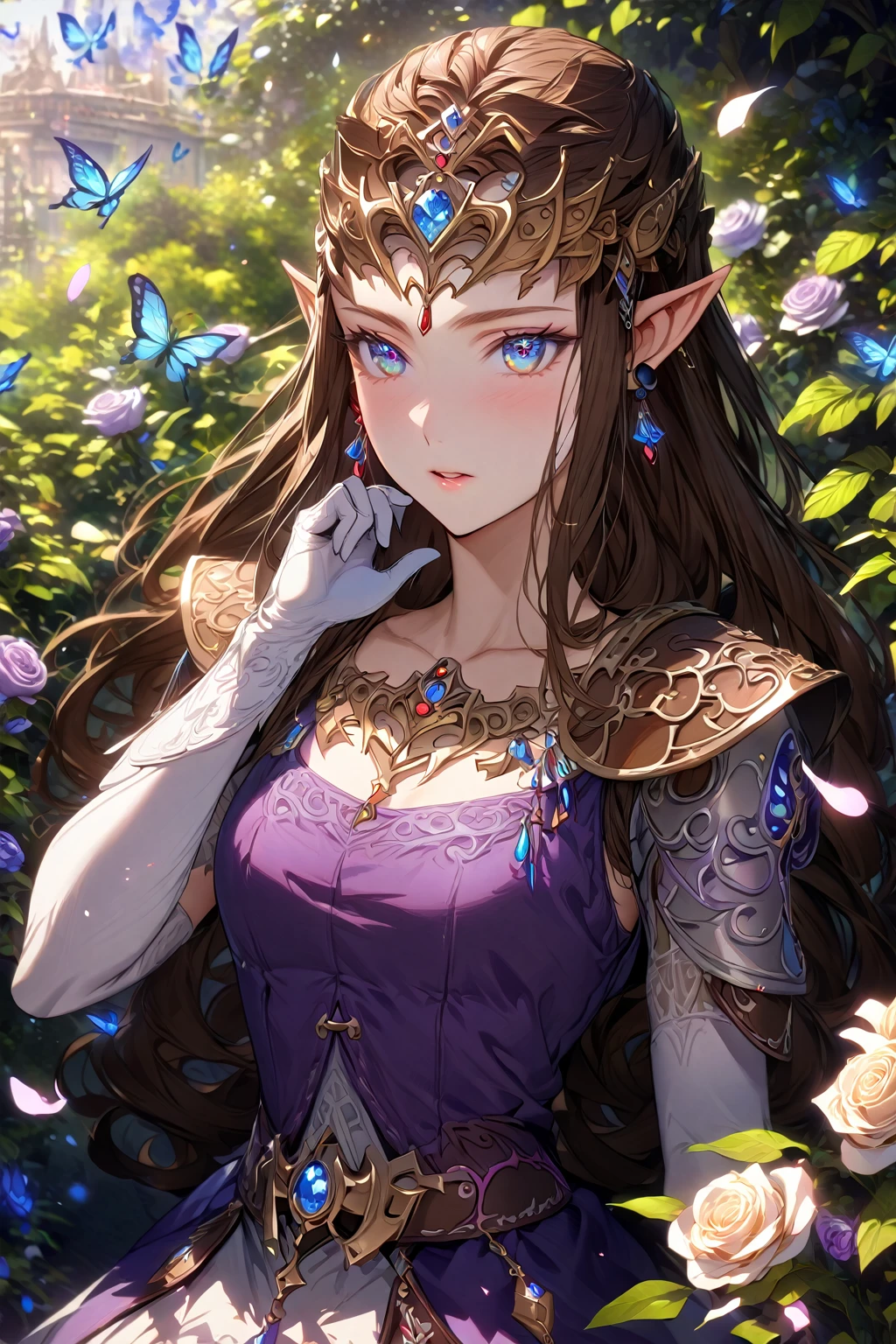 absurdres, highres, ultra detailed, HDR, master piece, Zelda, brown hair, expressive blue eyes, woman, best quality, The Legend Of Zelda (Twilight Princess), solo, sensual, extremely beautiful, petals, white and purple dress, white long gloves, detailed face, glittering eyes, detailed eyes, garden, accessories, blue butterflies, roses