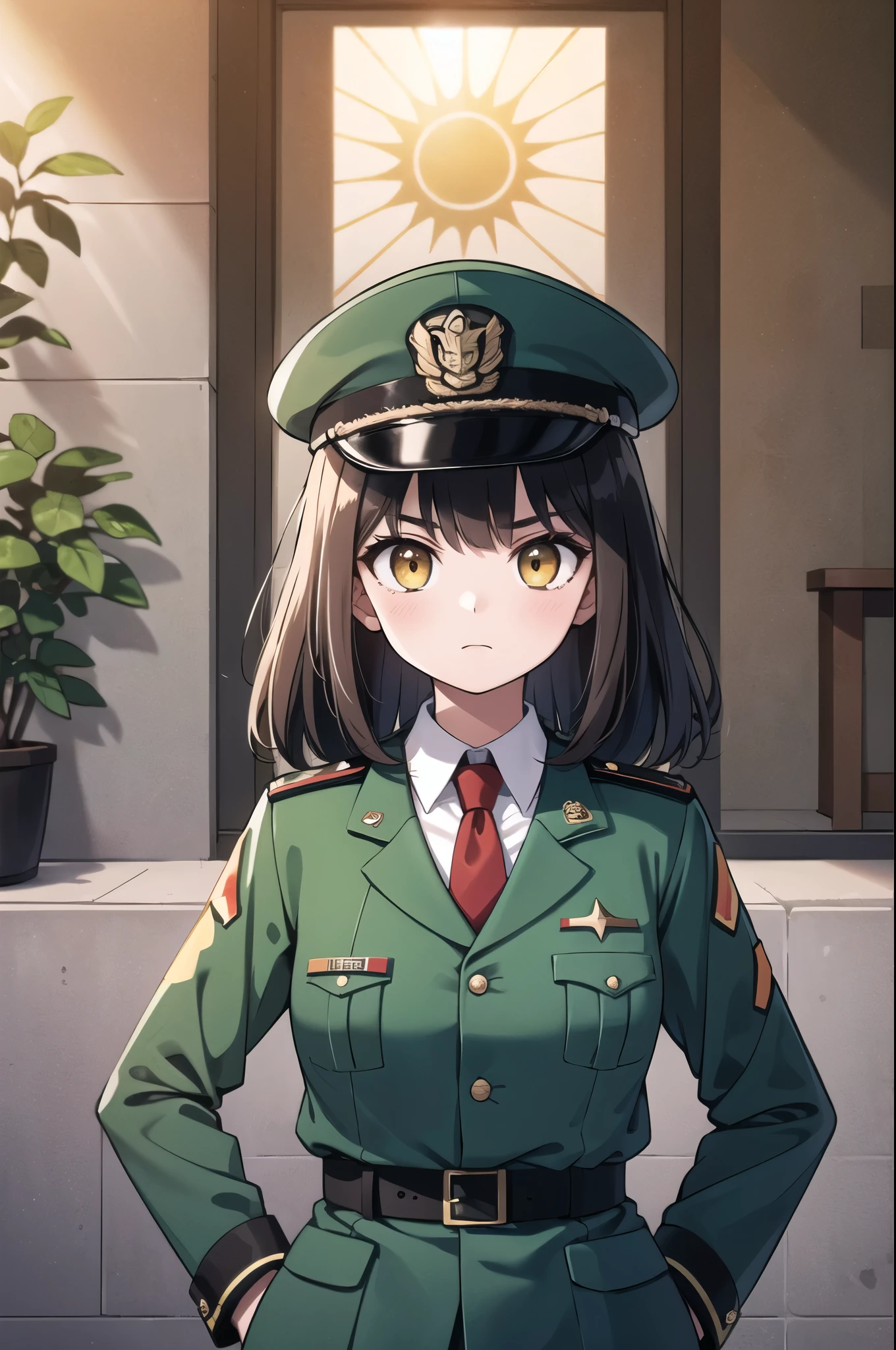(Highest quality, masterpiece, High resolution), woman, general, , wearing a black uniform, ((wearing a black military barett)), ((lapel pin of a totalitarian country)), red tie, yellow eyes, detailed eyes, brown long hair, bangs, hands behind back, serious expression, looking at viewer, presidential office, panorama windows with green scenery, military strategic map on the wall, sunlight, sun rays, cinematic