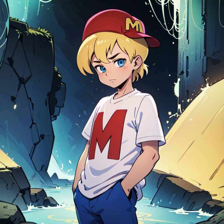 ((anime style)),solo, 1boy, mighty max, blonde hair, cute face, shota, red hat, white shirt, blue pants, blue eyes,  short sleeves,  hands in pockets, sideways hat,  cavern, looking at viewer, (erection in clothes:1.2) 