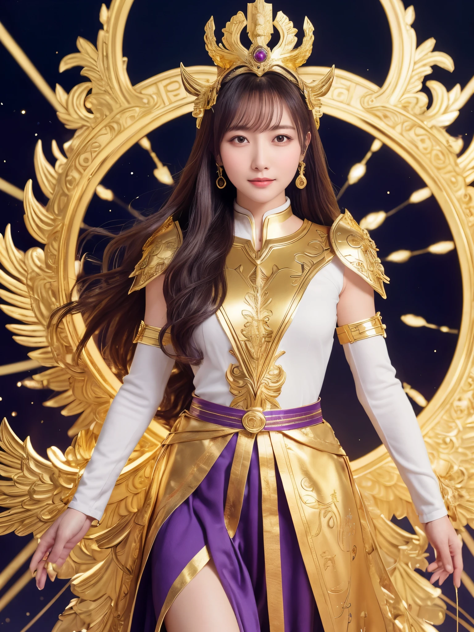 Miss Saori（Athena）The image is full of majesty and holiness。She has long smooth purple hair，The helmet she wears is characterized by the central half-moon decorative edge with exquisite golden carvings. The silver metal surface of the helmet is as smooth as a mirror. The slightly extended curves on both sides are elegant and full of power.,The forehead of the helmet is engraved with delicate ancient Greek-style totems. The gold-plated details on the edges sparkle in the light and fit perfectly with the overall armor.。She wears mainly silver armor with purple and gold decorations，胸甲刻有Athena的神聖圖騰，The long skirt is white and has gold embroidery on the edge.，Leg armor integrated with silver boots，The overall armor is beautifully designed。 She holds a golden scepter,The top of the scepter is a crescent-shaped symbol inlaid with luminous gems.。The round shield is mainly silver, with a star pattern engraved in the center and geometric patterns and moon symbols around it to represent the power of protection.。The huge golden wings spread out behind her and the inner feathers have a purple gradient, symbolizing wisdom and holiness.。 She stands in front of the background of the Zodiac in Saint Seiya，Surrounded by tall golden pillars and mysterious horoscope symbols，The entire scene is shrouded in soft golden light，light from her wings、Reflected on scepter and shield，Highlight her holiness and majesty。
