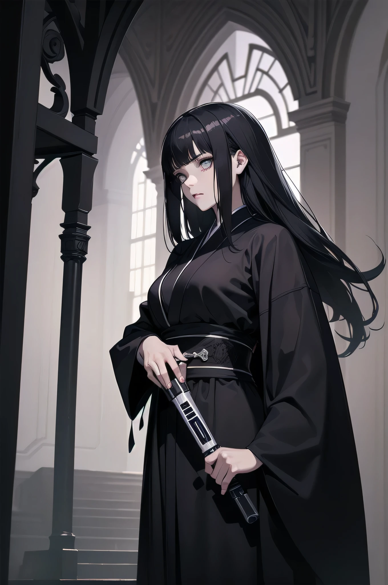 Shadow Face、Star Wars, jedi, black jedi robe、Black Robe, black belt,Star Wars concept art, Star Wars、jedi、Lightsabers、Black Robe、jediの服、Black kimono、Star Wars、beautiful girl、cute、、Droopy eyes、Black Hair、Beautiful Long Hair、Straight Hair、bangs、bangsbangs、bangs、bangsbangs、Big Breasts、Slim body、slim、(Best Quality,4K,High resolution,Masterpiece 1.2),Very detailed,Real 1.37,Spooky altar background,Dark fantasy,Black color scheme,Ominous atmosphere,Eye-catching,Story,Anime Style,Concept Art,Inappropriate behavior,beautiful, Delicate facial features, pale Skin, night、Dim lighting、Dark Background, Cinema Lighting, Dramatic Shadows, gothic, Spooky atmosphere, Dark Story, 1 person&#39;S, Red cheeks, ,(Blood splatter 1.3),Scary smile, smile,TwiSted smile、Bloody,(Blood splatter 1.3),Horror Style, ((Flowing Black Hair)), Female Curves, Sexy flat stomach, Perfect hands, Perfect anime character face, (Black Dress)), Standing, ((Evil smile)), ,(Dark Story1.3), Steam circulation, Moonlight Illumination, Night lighting, Gothic architecture、Western architecture,Victorian city, Skeleton Gas Light,Absurd, High resolution、 ((Tabletop)), ((Best Quality)), (Very detailedな), ((Very detailed)), (beautiful), ((cute)), 1 person,(1.6)、beautiful face、Full Body Ezbian、pale, Beautiful skin、Big Breasts、Beautiful body、Slim body、beautiful feet、Smiling Kindly、Dark building ruins、(The dark ruins are Bloody 1.3)、Low angle full body shot、(Creepy 1.3)、(The girl lost a lot of blood............1.3)、(crazy smile1.6)、Spirits、Droopy eyes、bangs, Long Hair, Star Wars、jedi、Blue Lightsabers、Ready your Lightsabers