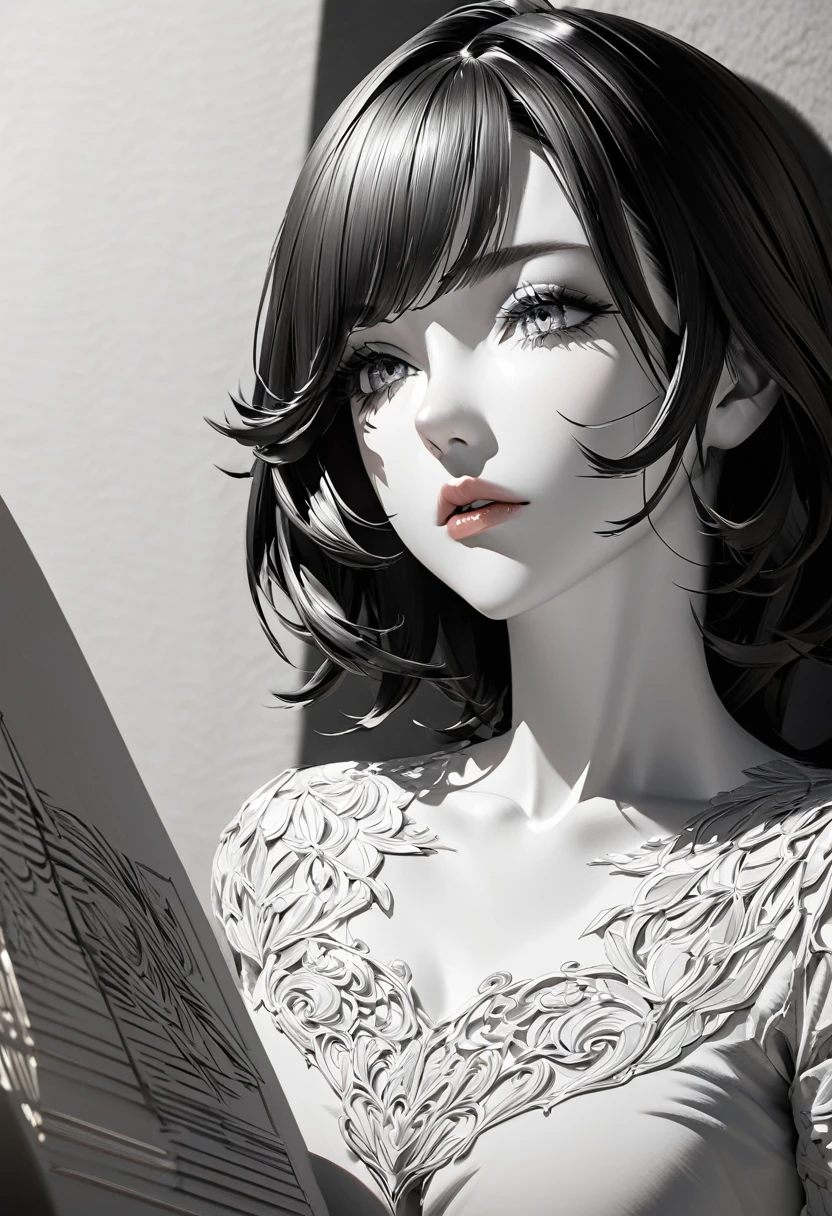 monochrome, pencil art, cool beauty, bored look and gestures, attractive eyes, sexy lips, portrait, BREAK delicate dynamic texture, light and shadow contrast, 3D rendering, artistic photography, ultra-realistic, digital graphic CG, BREAK ultra-detailed, absolute resolution, highest quality