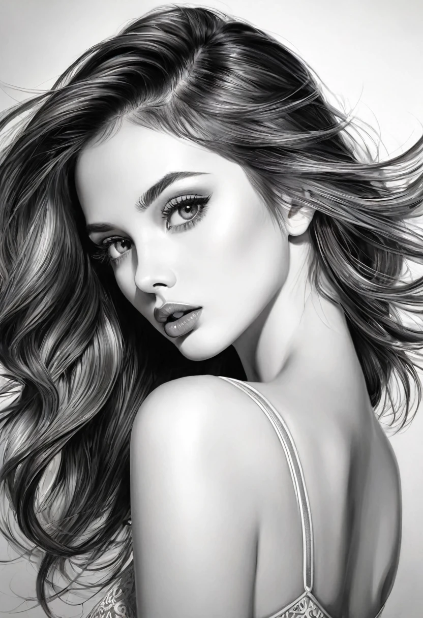 monochrome, pencil art, cool beauty, bored look and gestures, attractive eyes, sexy lips, portrait, BREAK delicate dynamic texture, light and shadow contrast, 3D rendering, artistic photography, ultra-realistic, digital graphic CG, BREAK ultra-detailed, absolute resolution, highest quality