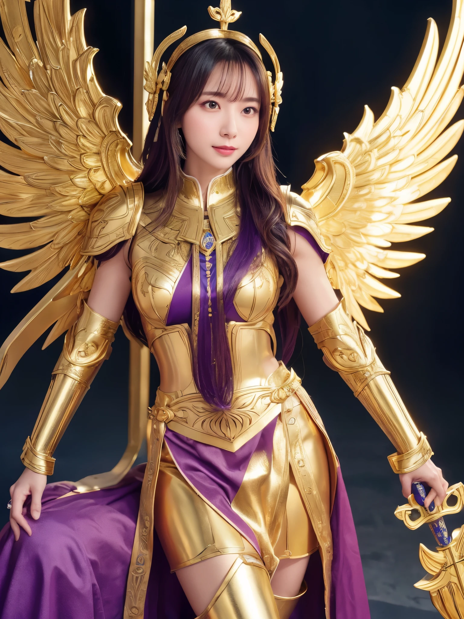 Miss Saori（Athena）The image is full of majesty and holiness。She has long smooth purple hair，The helmet she wears is characterized by the central half-moon decorative edge with exquisite golden carvings. The silver metal surface of the helmet is as smooth as a mirror. The slightly extended curves on both sides are elegant and full of power.,The forehead of the helmet is engraved with delicate ancient Greek-style totems. The gold-plated details on the edges sparkle in the light and fit perfectly with the overall armor.。She wears mainly silver armor with purple and gold decorations，胸甲刻有Athena的神聖圖騰，The long skirt is white and has gold embroidery on the edge.，Leg armor integrated with silver boots，The overall armor is beautifully designed。 She holds a golden scepter,The top of the scepter is a crescent-shaped symbol inlaid with luminous gems.。The round shield is mainly silver, with a star pattern engraved in the center and geometric patterns and moon symbols around it to represent the power of protection.。The huge golden wings spread out behind her and the inner feathers have a purple gradient, symbolizing wisdom and holiness.。 She stands in front of the background of the Zodiac in Saint Seiya，Surrounded by tall golden pillars and mysterious horoscope symbols，The entire scene is shrouded in soft golden light，light from her wings、Reflected on scepter and shield，Highlight her holiness and majesty。
