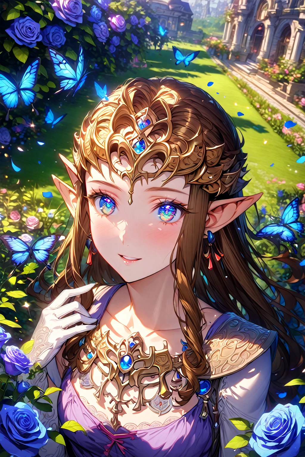 absurdres, highres, ultra detailed, HDR, master piece, Zelda, brown hair, expressive blue eyes, woman, best quality, The Legend Of Zelda (Twilight Princess), solo, sensual, extremely beautiful, petals, white and purple dress, white long gloves, detailed face, glittering eyes, detailed eyes, garden, accessories, blue butterflies, roses, beautiful smile