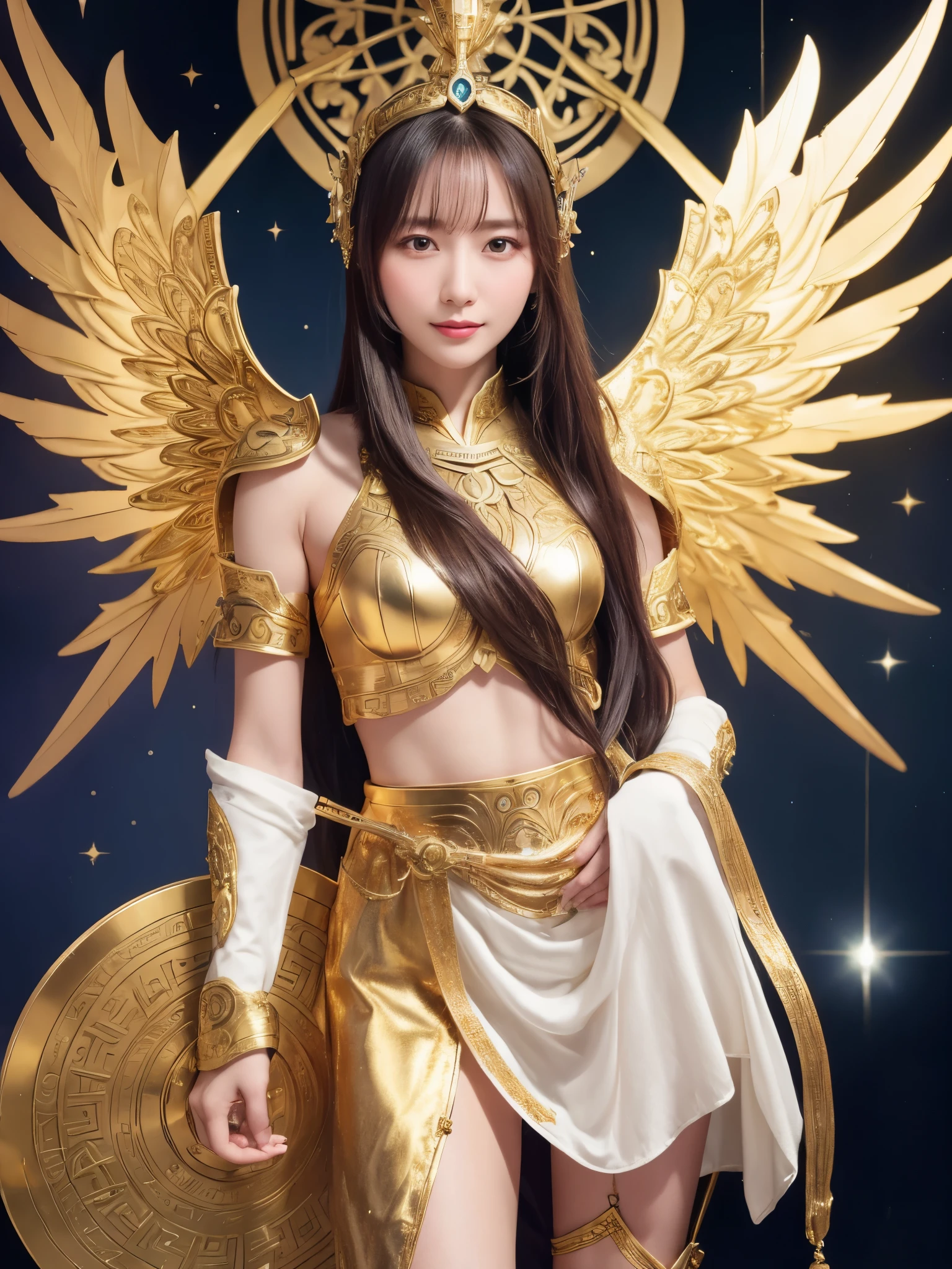 Miss Saori（Athena）The image is full of majesty and holiness。She has long smooth purple hair，The helmet she wears is characterized by the central half-moon decorative edge with exquisite golden carvings. The silver metal surface of the helmet is as smooth as a mirror. The slightly extended curves on both sides are elegant and full of power.,The forehead of the helmet is engraved with delicate ancient Greek-style totems. The gold-plated details on the edges sparkle in the light and fit perfectly with the overall armor.。She wears mainly silver armor with purple and gold decorations，胸甲刻有Athena的神聖圖騰，The long skirt is white and has gold embroidery on the edge.，Leg armor integrated with silver boots，The overall armor is beautifully designed。 She holds a golden scepter,The top of the scepter is a crescent-shaped symbol inlaid with luminous gems.。The round shield is mainly silver, with a star pattern engraved in the center and geometric patterns and moon symbols around it to represent the power of protection.。The huge golden wings spread out behind her and the inner feathers have a purple gradient, symbolizing wisdom and holiness.。 She stands in front of the background of the Zodiac in Saint Seiya，Surrounded by tall golden pillars and mysterious horoscope symbols，The entire scene is shrouded in soft golden light，light from her wings、Reflected on scepter and shield，Highlight her holiness and majesty。
