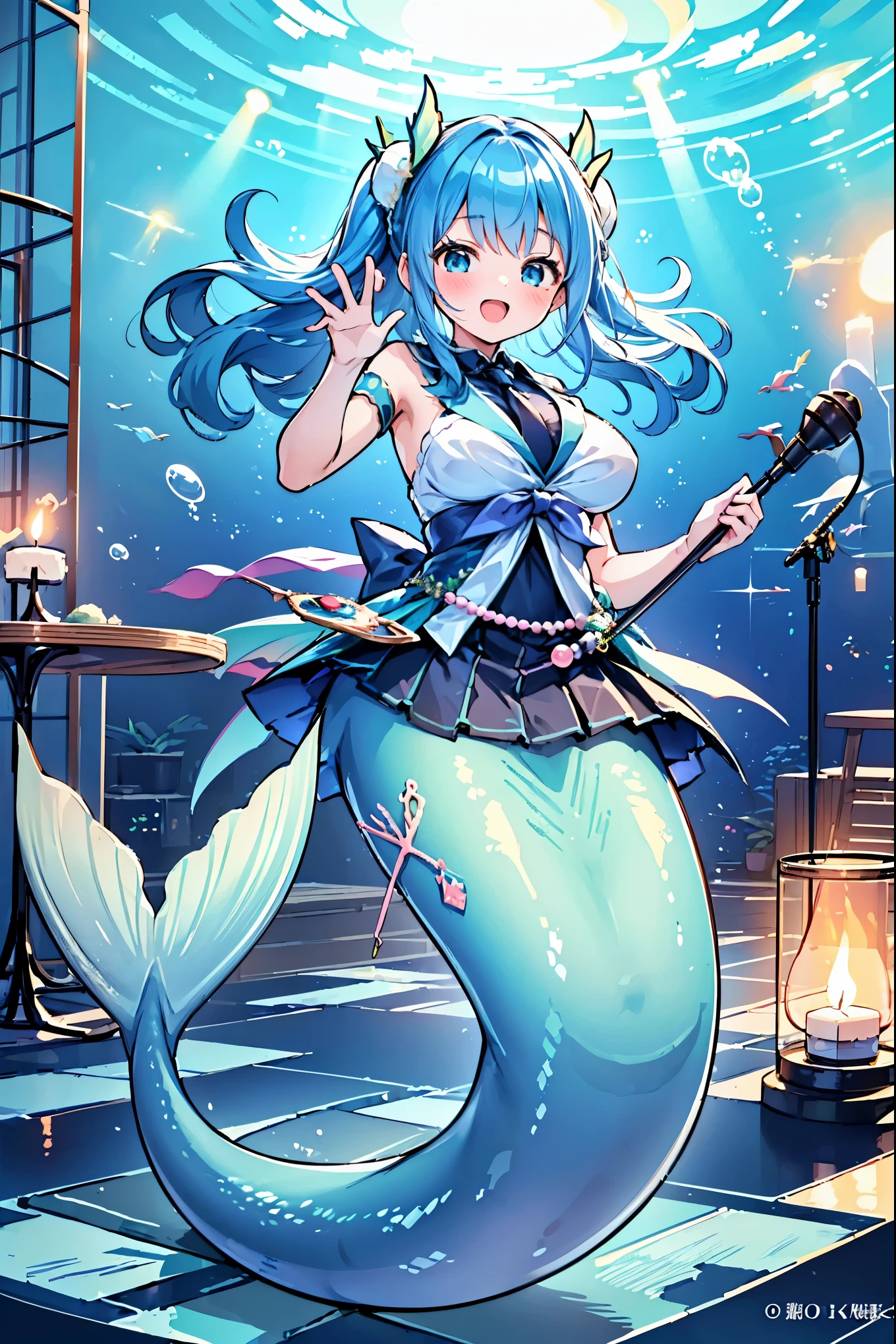 (masterpiece,Best quality),(Full fingers),A woman,Mermaid,Idol,Idol衣服,Blue Skirt,Large Breasts,藍色的Mermaid尾巴,Full body photo,(Underwater:1.2),charming脸(Kawaii, charming,Soft),Handheld Microphone,Open your mouth