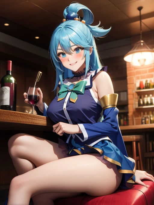 masterpiece, best quality, high resolution, absurdres, ultra detailed, Beautiful eyes,
 aaaqua, long hair, blue hair, hair rings, hair ornament,choker, bare shoulders, green bow, Blue shirt, prominent sleeves, blue skirt, high-leg boots, drunk, Intoxicated, Blush, cloudy, smiling sitting_on_to stop, bar, _red_wine (having sex)
 