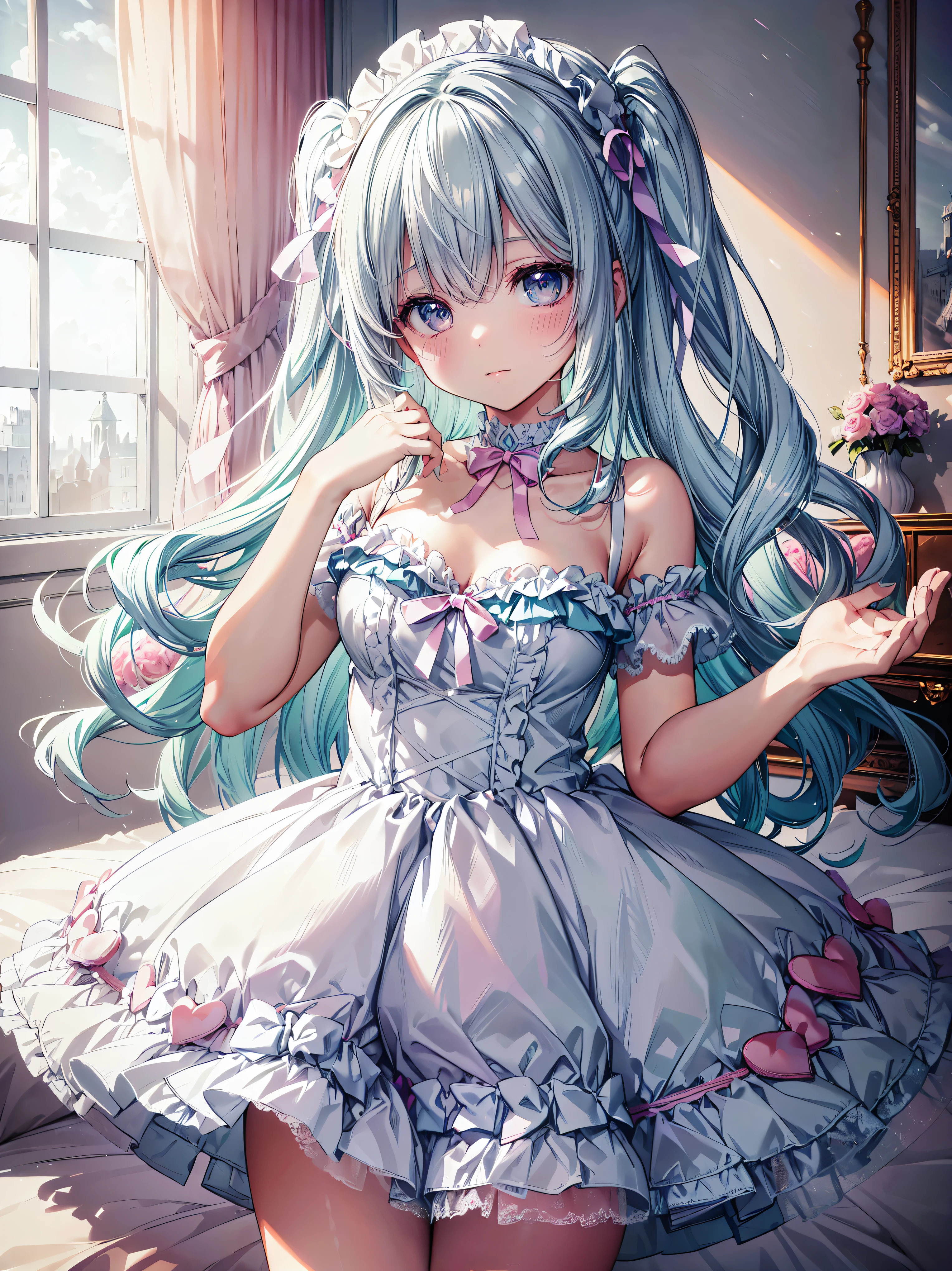 ((ultra quality)), ((ultra detail)), ((top quality)), (pastel colors:1.5), fluffy and cute dress, frills and lace and ribbon, (sweety bedroom:1.2), ((anatomically correct)), (((correct hand))), soft edge,