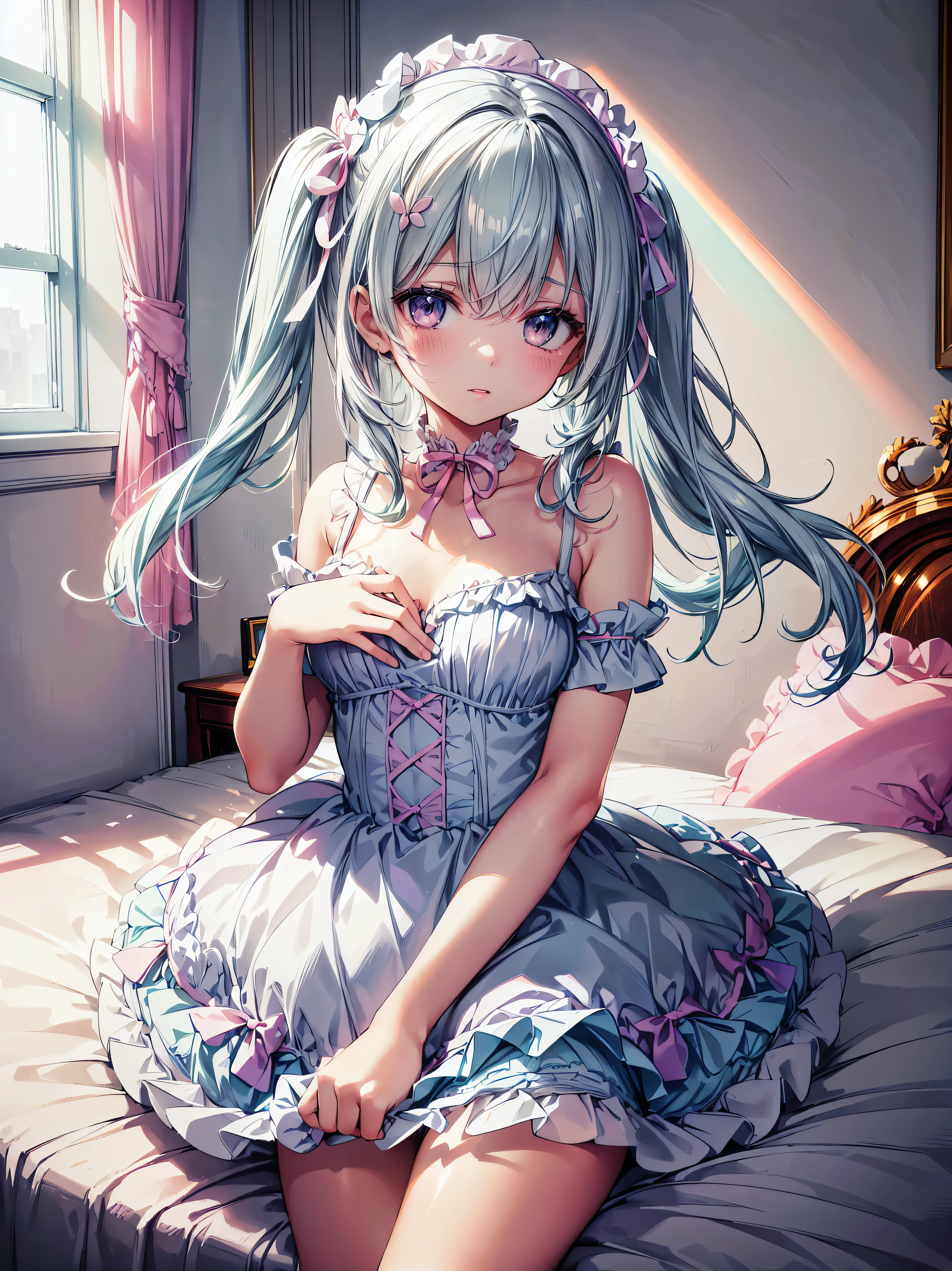 ((ultra quality)), ((ultra detail)), ((top quality)), (pastel colors:1.5), fluffy and cute dress, frills and lace and ribbon, (sweety bedroom:1.2), ((anatomically correct)), (((correct hand))), soft edge,