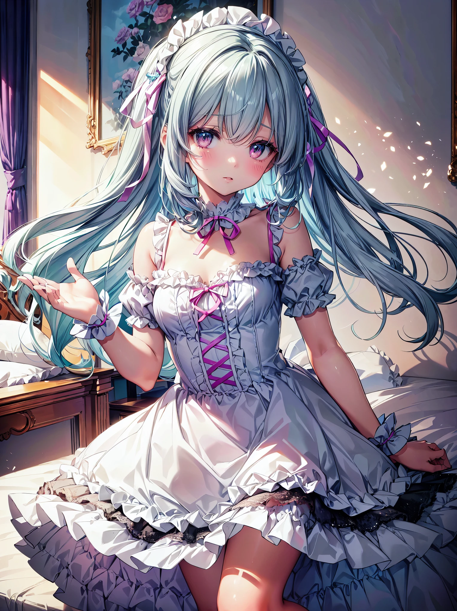 ((ultra quality)), ((ultra detail)), ((top quality)), pastel colored fluffy cute dress, frills and lace and ribbon, (sweety bedroom:1.2), ((anatomically correct)), (((correct hand))), soft edge,