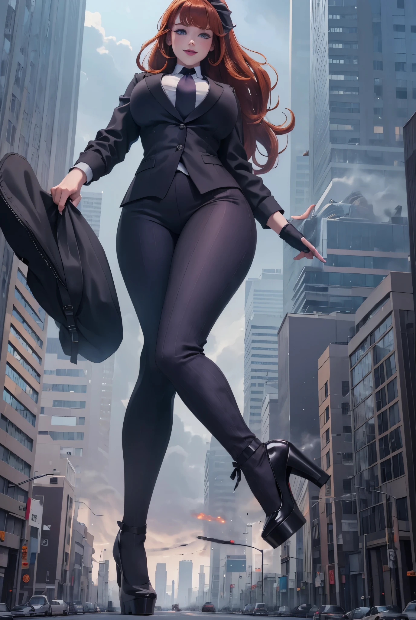 Giantess art, giga giantess in distance, a group of multiple women with beautiful curves, massive thighs, bright ginger hair in a fishtail braid, lipstick, wearing a perfect grey pinstriped trouser and blazer suit, crisp white shirt, and a large purple tie, tied in a windsor knot, with massive breasts. She is wearing black platform high heels and standing on a miniature city, with skyscrapers at her feet, smiling with her huge breasts. This image is highly detailed, photorealistic, best quality, a masterpiece, with cinematic lighting, ultra-detailed, featuring black patent Louboutin pumps, long ponytail hair with front bangs, low altitude photography, a curvy figure, heaving bosom, legs, a mega city, skyscrapers sprawl, destruction at feet, fires, arm, buildings, roads, a cloudy, overcast, hazy atmosphere, and wispy clouds. 