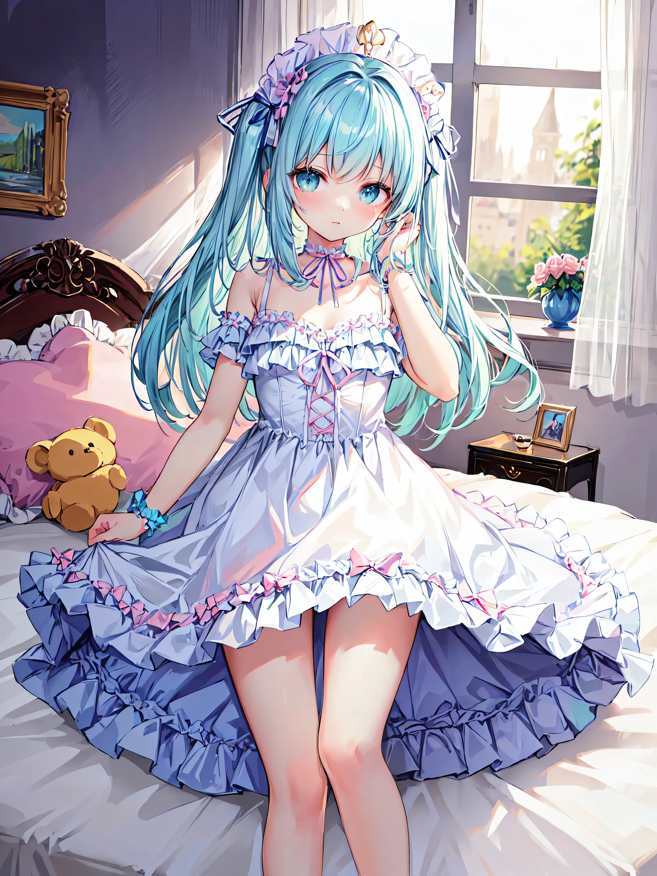 ((ultra quality)), ((ultra detail)), ((top quality)), pastel colored fluffy cute dress, frills and lace and ribbon, (sweety bedroom:1.2), ((anatomically correct)), (((correct hand))), soft edge,