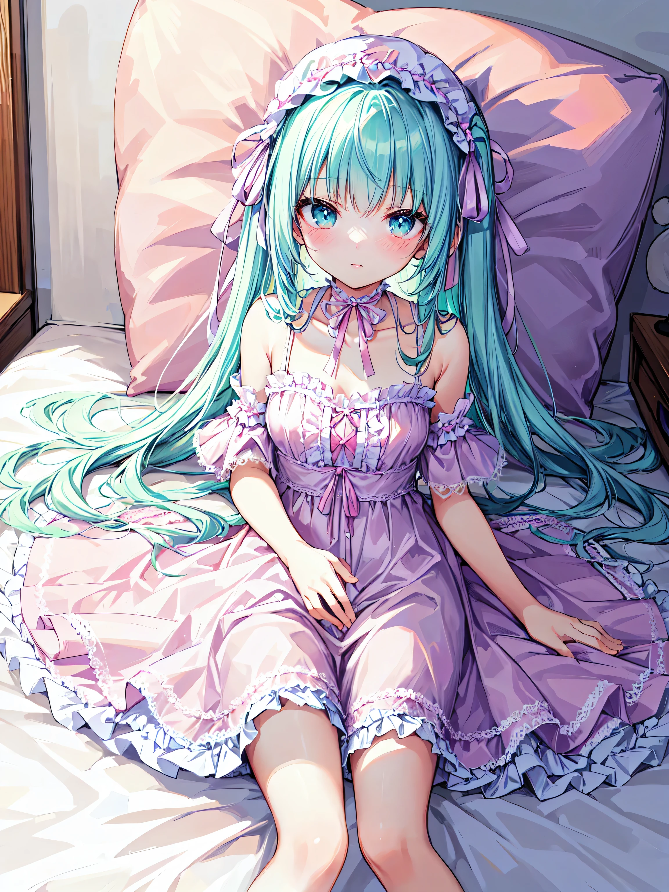 ((ultra quality)), ((ultra detail)), ((top quality)), pastel colored fluffy cute dress, frills and lace and ribbon, (sweety bedroom:1.2), ((anatomically correct)), (((correct hand))), soft edge,