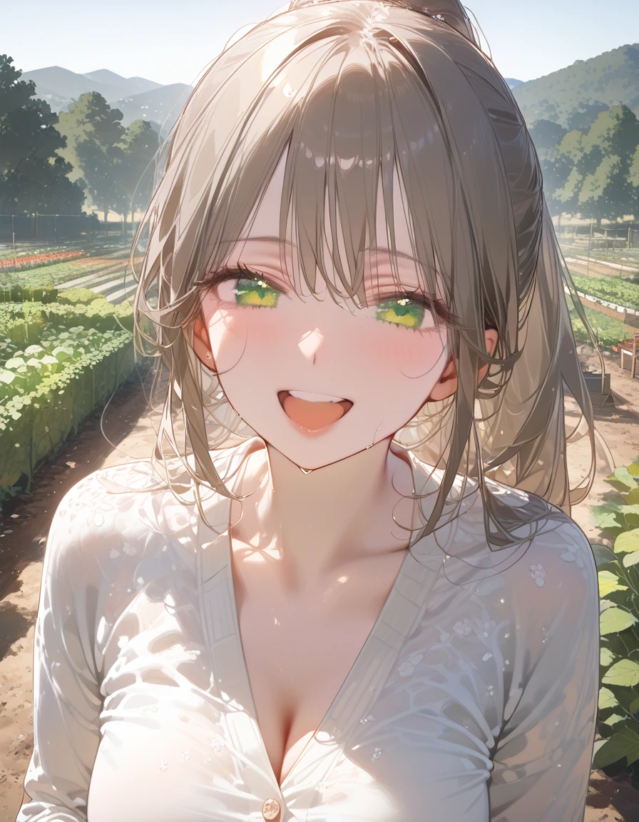 (Best quality、masterpiece、High resolution、detailed)、(Beautiful animation)、(shining eyes、detailed)､1 female, green eyes, high ponytail  hair, detailed beautiful vegetable garden, High resolution, smooth skin, 8k, Solo, Looking at the viewer,  Beautiful appearance, brown hair,loveful, graceful, Gentle,mature, upper body,정면,28세 여성,laughing,beige cardigan