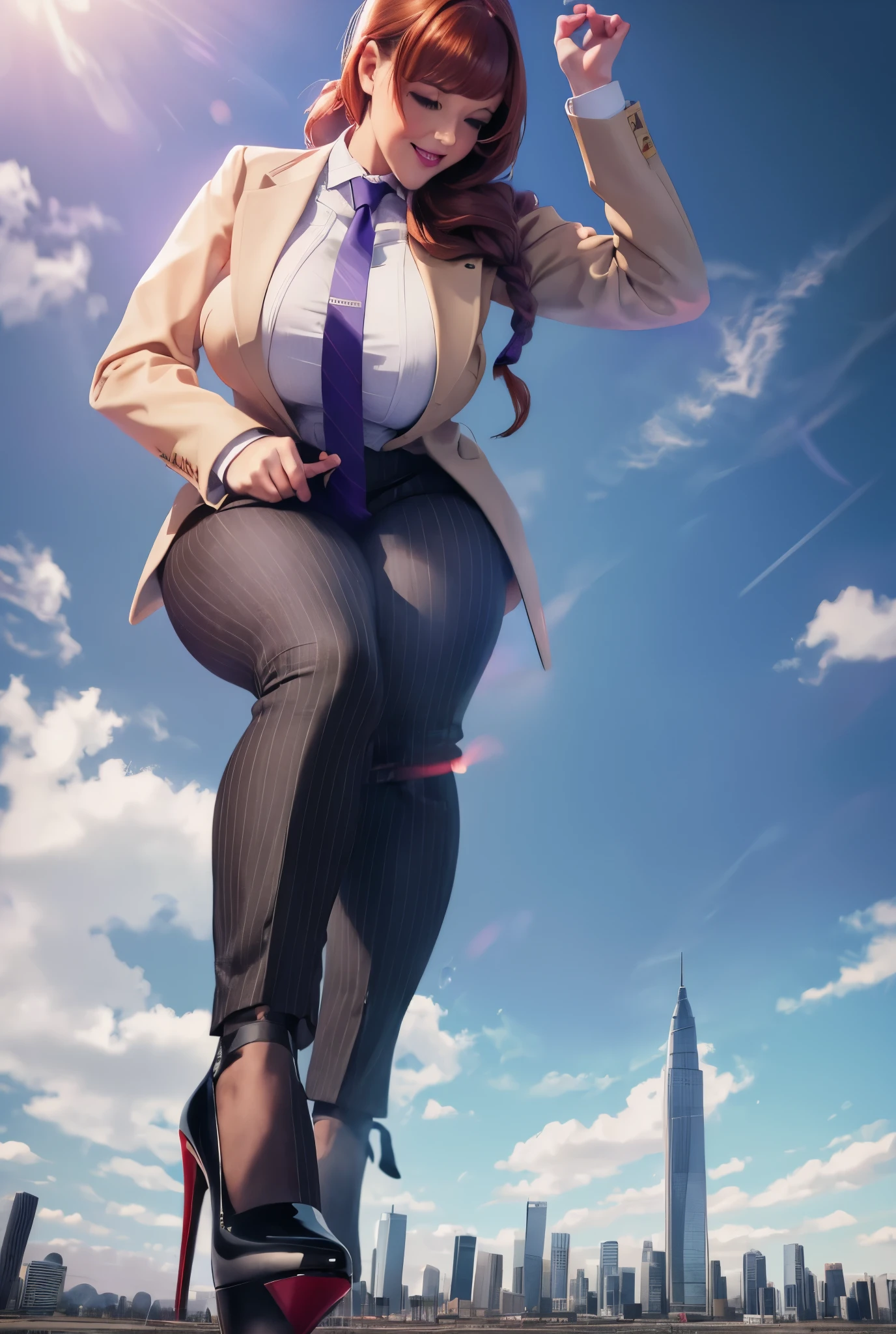 Giantess art, giga giantess in distance, a group of multiple women with beautiful curves, massive thighs, bright ginger hair in a fishtail braid, lipstick, wearing a perfect grey pinstriped trouser and blazer suit, crisp white shirt, and a large purple tie, tied in a windsor knot, with massive breasts. She is wearing black platform high heels and standing on a miniature city, with skyscrapers at her feet, smiling with her huge breasts. This image is highly detailed, photorealistic, best quality, a masterpiece, with cinematic lighting, ultra-detailed, featuring black patent Louboutin pumps, long ponytail hair with front bangs, low altitude photography, a curvy figure, heaving bosom, legs, a mega city, skyscrapers sprawl, destruction at feet, fires, arm, buildings, roads, a cloudy, overcast, hazy atmosphere, and wispy clouds. 