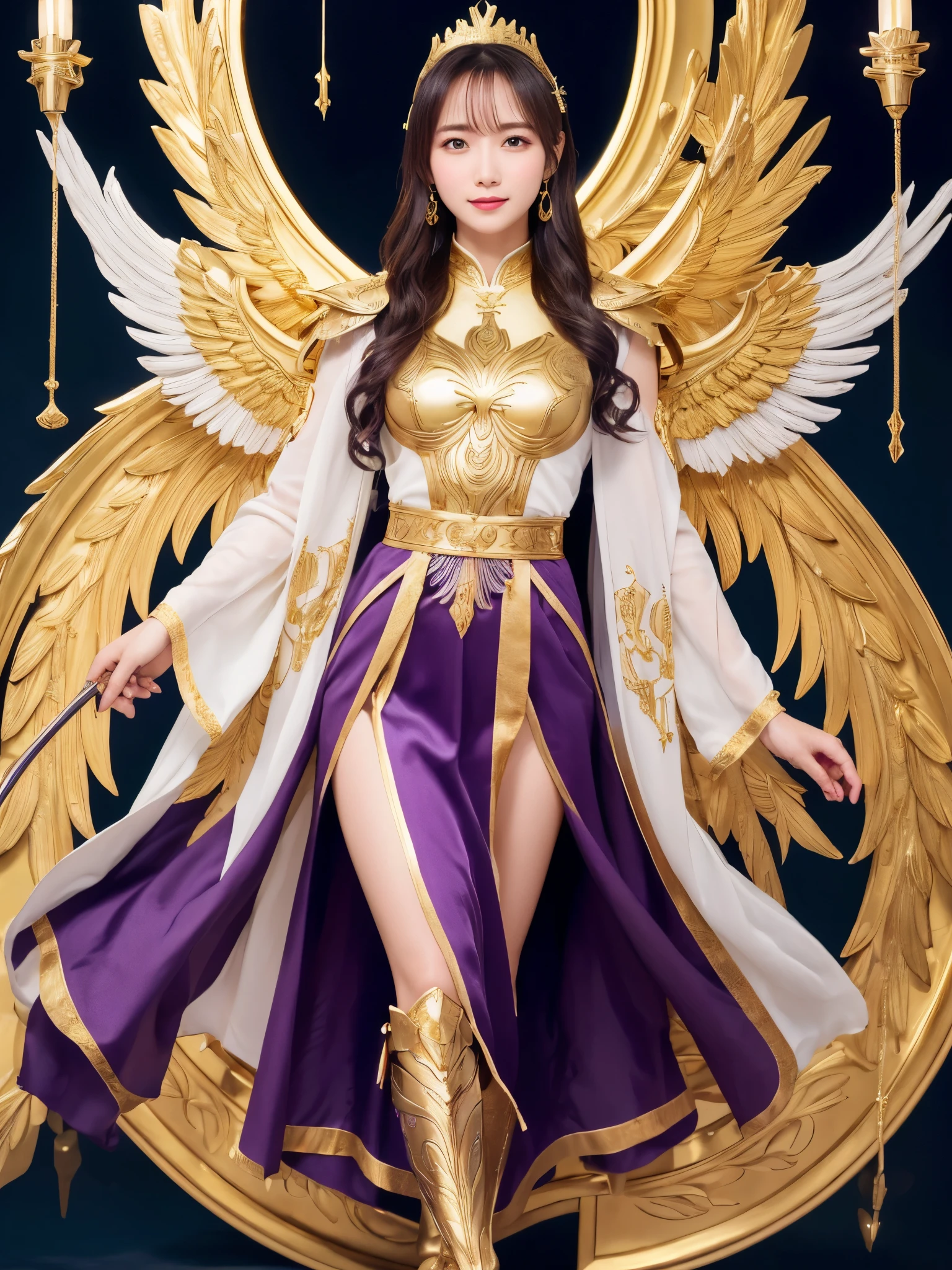 Miss Saori（Athena）The image is full of majesty and holiness。She has long smooth purple hair，The helmet she wears is characterized by the central half-moon decorative edge with exquisite golden carvings. The silver metal surface of the helmet is as smooth as a mirror. The slightly extended curves on both sides are elegant and full of power.,The forehead of the helmet is engraved with delicate ancient Greek-style totems. The gold-plated details on the edges sparkle in the light and fit perfectly with the overall armor.。She wears mainly silver armor with purple and gold decorations，胸甲刻有Athena的神聖圖騰，The long skirt is white and has gold embroidery on the edge.，Leg armor integrated with silver boots，The overall armor is beautifully designed。 She holds a golden scepter,The top of the scepter is a crescent-shaped symbol inlaid with luminous gems.。The round shield is mainly silver, with a star pattern engraved in the center and geometric patterns and moon symbols around it to represent the power of protection.。The huge golden wings spread out behind her and the inner feathers have a purple gradient, symbolizing wisdom and holiness.。 She stands in front of the background of the Zodiac in Saint Seiya，Surrounded by tall golden pillars and mysterious horoscope symbols，The entire scene is shrouded in soft golden light，light from her wings、Reflected on scepter and shield，Highlight her holiness and majesty。
