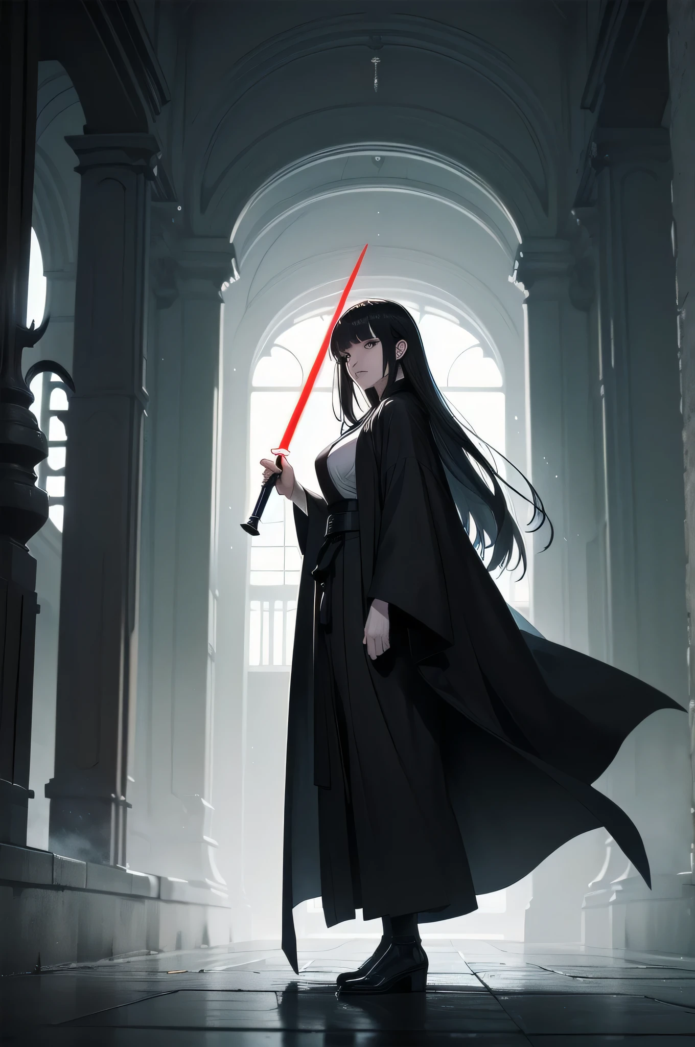 Shadow Face、Star Wars, jedi, black jedi robe、Black Robe, black belt,Star Wars concept art, Star Wars、jedi、Lightsabers、Black Robe、jediの服、Star Wars、beautiful girl、cute、baby face、Droopy eyes、Black Hair、Beautiful Long Hair、Straight Hair、bangs、bangsbangs、bangs、bangsbangs、Big Breasts、Slim body、slim、(Best Quality,4K,High resolution,Masterpiece 1.2),Very detailed,Real 1.37,Spooky altar background,Dark fantasy,Black color scheme,Ominous atmosphere,Eye-catching,Story,Anime Style,Concept Art,Inappropriate behavior,beautiful, Delicate facial features, pale Skin, night、Dim lighting、Dark Background, Cinema Lighting, Dramatic Shadows, gothic, Spooky atmosphere, Dark Story, 1 person&#39;S, Red cheeks, ,(Blood splatter 1.3),Scary smile, smile,TwiSted smile、Bloody,(Blood splatter 1.3),Horror Style, ((Flowing Black Hair)), Female Curves, Sexy flat stomach, Perfect hands, Perfect anime character face, (Black Dress)), Standing, ((Evil smile)), ,(Dark Story1.3), Steam circulation, Moonlight Illumination, Night lighting, Gothic architecture、Western architecture,Victorian city, Skeleton Gas Light,Absurd, High resolution、 ((Tabletop)), ((Best Quality)), (Very detailedな), ((Very detailed)), (beautiful), ((cute)), 1 person,(1.6)、beautiful face、Full Body Ezbian、pale, Beautiful skin、Big Breasts、Beautiful body、Slim body、beautiful feet、Smiling Kindly、Dark building ruins、(The dark ruins are Bloody 1.3)、Low angle full body shot、(Creepy 1.3)、(The girl lost a lot of blood............1.3)、(crazy smile1.6)、Spirits、Droopy eyes、bangs, Long Hair, Star Wars、jedi、Blue Lightsabers、Ready your Lightsabers