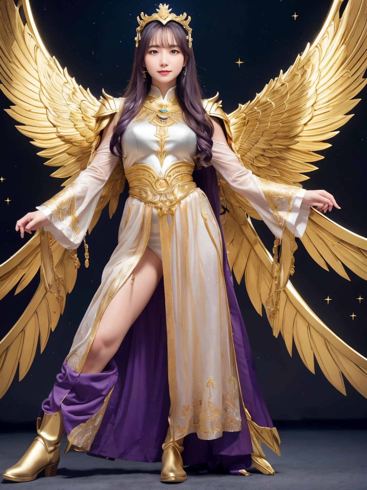 Miss Saori（Athena）The image is full of majesty and holiness。She has long smooth purple hair，The helmet she wears is characterized by the central half-moon decorative edge with exquisite golden carvings. The silver metal surface of the helmet is as smooth as a mirror. The slightly extended curves on both sides are elegant and full of power.,The forehead of the helmet is engraved with delicate ancient Greek-style totems. The gold-plated details on the edges sparkle in the light and fit perfectly with the overall armor.。She wears mainly silver armor with purple and gold decorations，胸甲刻有Athena的神聖圖騰，The long skirt is white and has gold embroidery on the edge.，Leg armor integrated with silver boots，The overall armor is beautifully designed。 She holds a golden scepter,The top of the scepter is a crescent-shaped symbol inlaid with luminous gems.。The round shield is mainly silver, with a star pattern engraved in the center and geometric patterns and moon symbols around it to represent the power of protection.。The huge golden wings spread out behind her and the inner feathers have a purple gradient, symbolizing wisdom and holiness.。 She stands in front of the background of the Zodiac in Saint Seiya，Surrounded by tall golden pillars and mysterious horoscope symbols，The entire scene is shrouded in soft golden light，light from her wings、Reflected on scepter and shield，Highlight her holiness and majesty。
