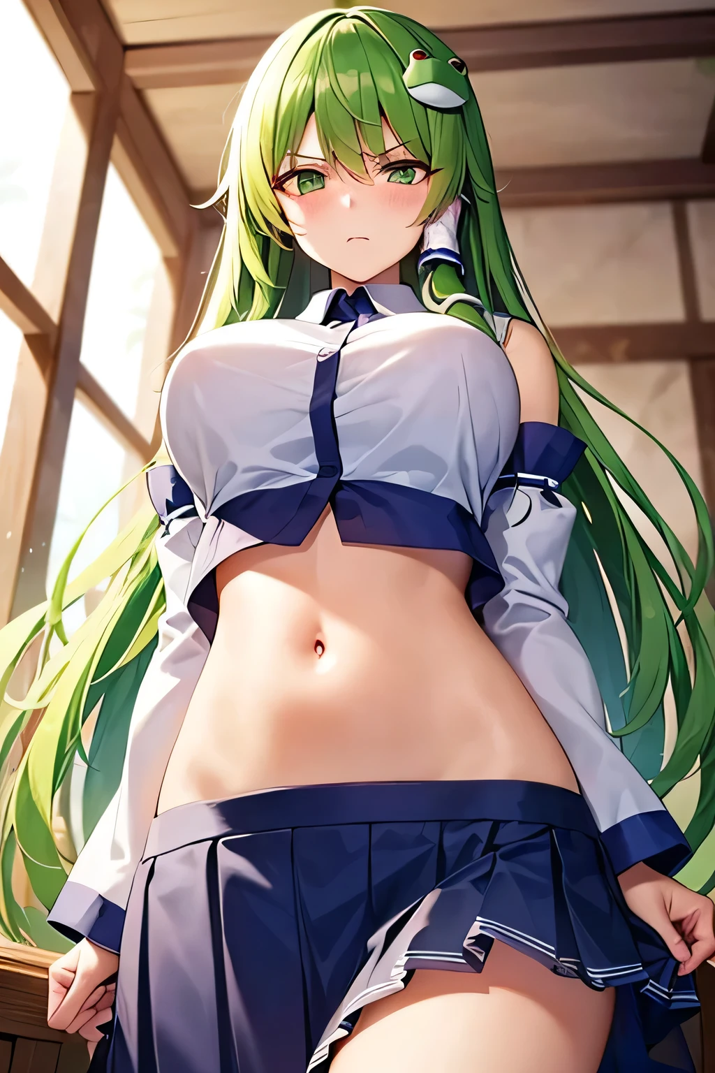 super fine illustration, vibrant colors, masterpiece, sharp focus, best quality, depth of field, cinematic lighting, ultra detailed, blush, navel, shrine maiden, kochiya sanae, looking down, very long hair, green hair, green eyes, hair tubes, frog hair ornament, snake hair ornament, detached sleeves, white shirt, blue pleated skirt, miko, makeup, annoyed, indoors, hands on own stomach, 1girl, mature woman, crop top overhang, wide hips
