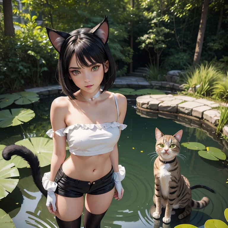  ((ultra realistic)), ((perfect image)), ((perfect face)), ((ultra detailed)), ((full body)), ((perfect body)),1 girl with cat ears and tail, short hair((shoulder length layered hair)), black hair with blonde highlights, sensual body, wearing a top and shorts, thighs sample, belly sample, bare shoulders, sharp teeth, green eyes, ((she has cat eyes)), bridal gloves, red and white clothes, ((girl with cat ears)), ((girl with cat tail)), ((short clothes)), standing in a pond, full body