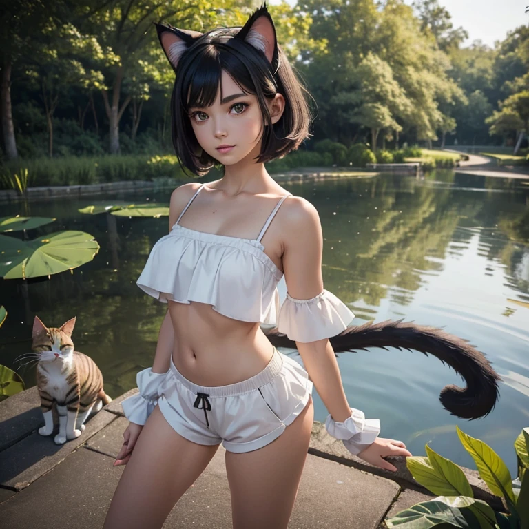  ((ultra realistic)), ((perfect image)), ((perfect face)), ((ultra detailed)), ((full body)), ((perfect body)),1 girl with cat ears and tail, short hair((shoulder length layered hair)), black hair with blonde highlights, sensual body, wearing a top and shorts, thighs sample, belly sample, bare shoulders, sharp teeth, green eyes, ((she has cat eyes)), bridal gloves, red and white clothes, ((girl with cat ears)), ((girl with cat tail)), ((short clothes)), standing in a pond, full body