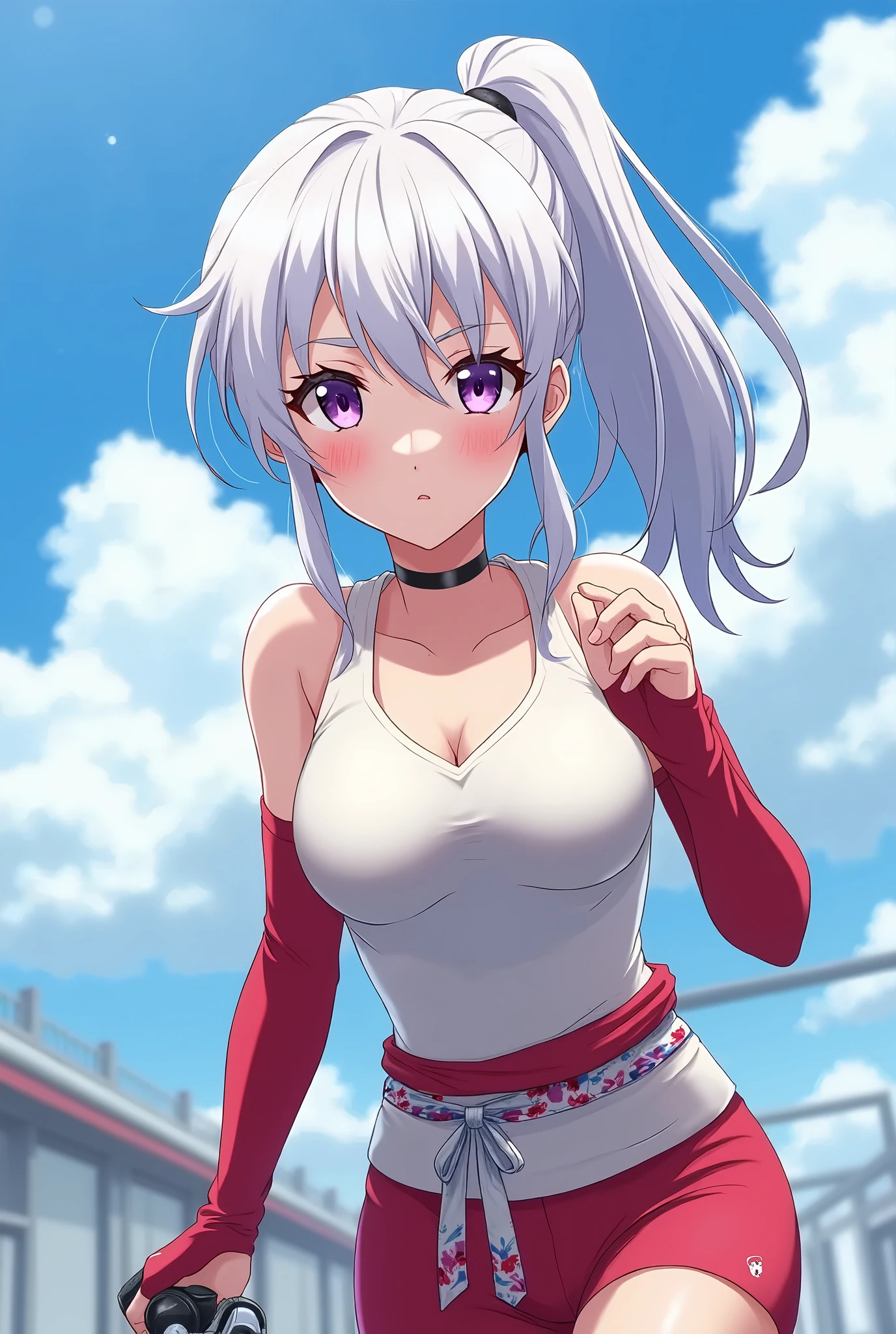 ((Tilt your body forward)), (Place your hands on your hips pose), ((Pose with emphasis on the chest)),(She was very embarrassed and blushed).(A bright red face that was very excited with shame),,(blush),(Broad white and thin shirt with chest), (A white and thin shirt with a wide open chest), (Oversized thin white t-shirts), ,(loose t-shirt),(oversized shirt), (shirt), (off shoulder), No bra, braless, downblouse, leaning forward, bright_skin, beautiful eyes, She reached a sexual climax, oversized T-shirt, shirt, off shoulder, loose t-shirt, leaning forward, oversized shirt, shirt, (off shoulder), cleavage, outdoors,1girl,solo, leaning forward, collarbone,
chris yukine,yukine_chris, long hair, low twintails, purple eyes, silver hair, face, , cute face,