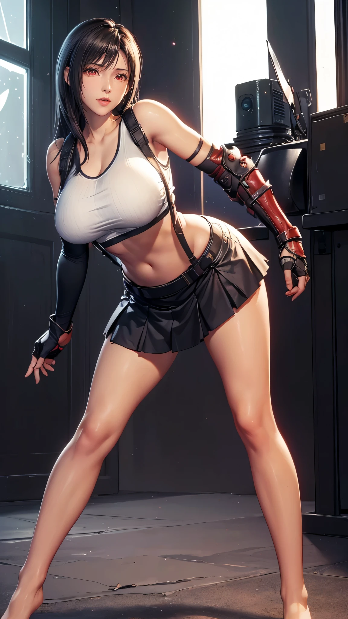 (（（figure，御姐figure,White and tender skin,（（（belt,  collarbone, crop top, elbow gloves, elbow pads, gloves, low-tied long hair, midriff, navel,  skirt, stomach, suspenders, Tank top, ）））,(（（Tifa lockhart，red eyes，black hair，long hair））),((masterpiece)),highres,((Best quality at best)),masterpiece,quality,Best quality,(（（ Exquisite facial features,Looking at the audience,There is light in the eyes, happy，cheer））），Huge breasts，Black background）））