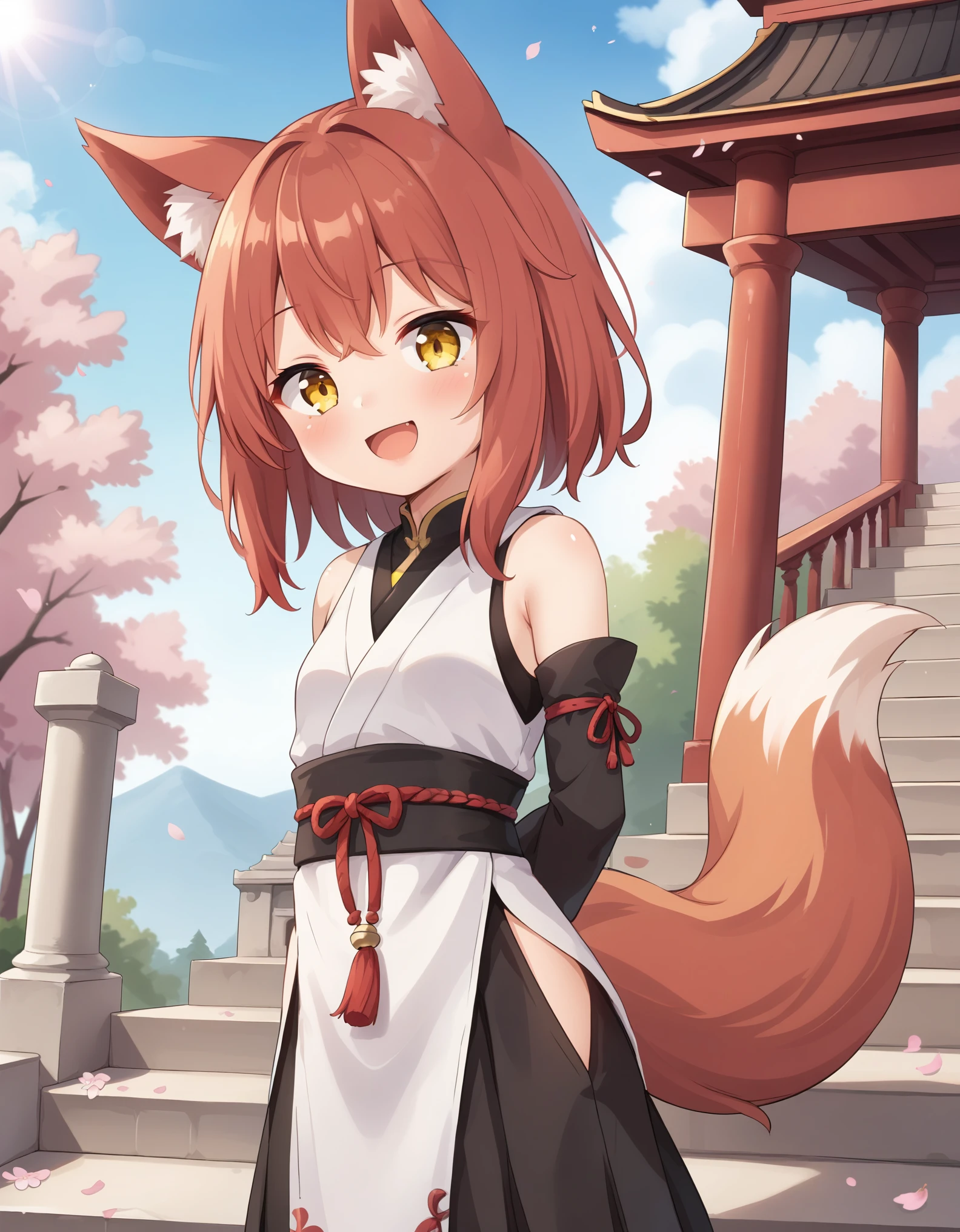 1girl, (****:1.2), yellow eyes, medium hair, stairs, cherry blossoms, temple, fox girl, detached sleeves, animal ears, happy, arms behind back