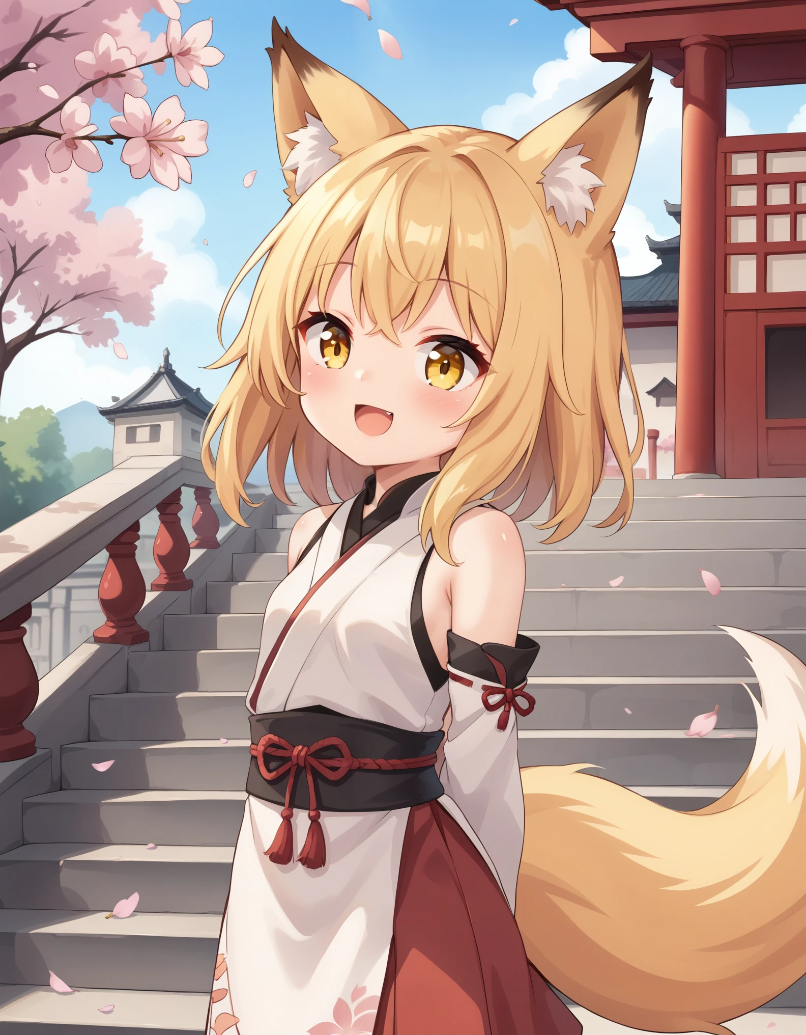 1girl, (li:1.2), yellow eyes, medium hair, stairs, cherry blossoms, temple, fox girl, detached sleeves, animal ears, happy, arms behind back