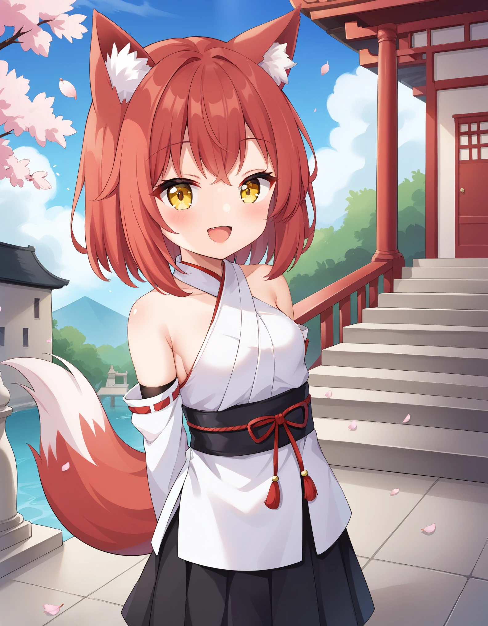 1girl, (****:1.2), yellow eyes, medium hair, stairs, cherry blossoms, temple, fox girl, detached sleeves, animal ears, happy, arms behind back